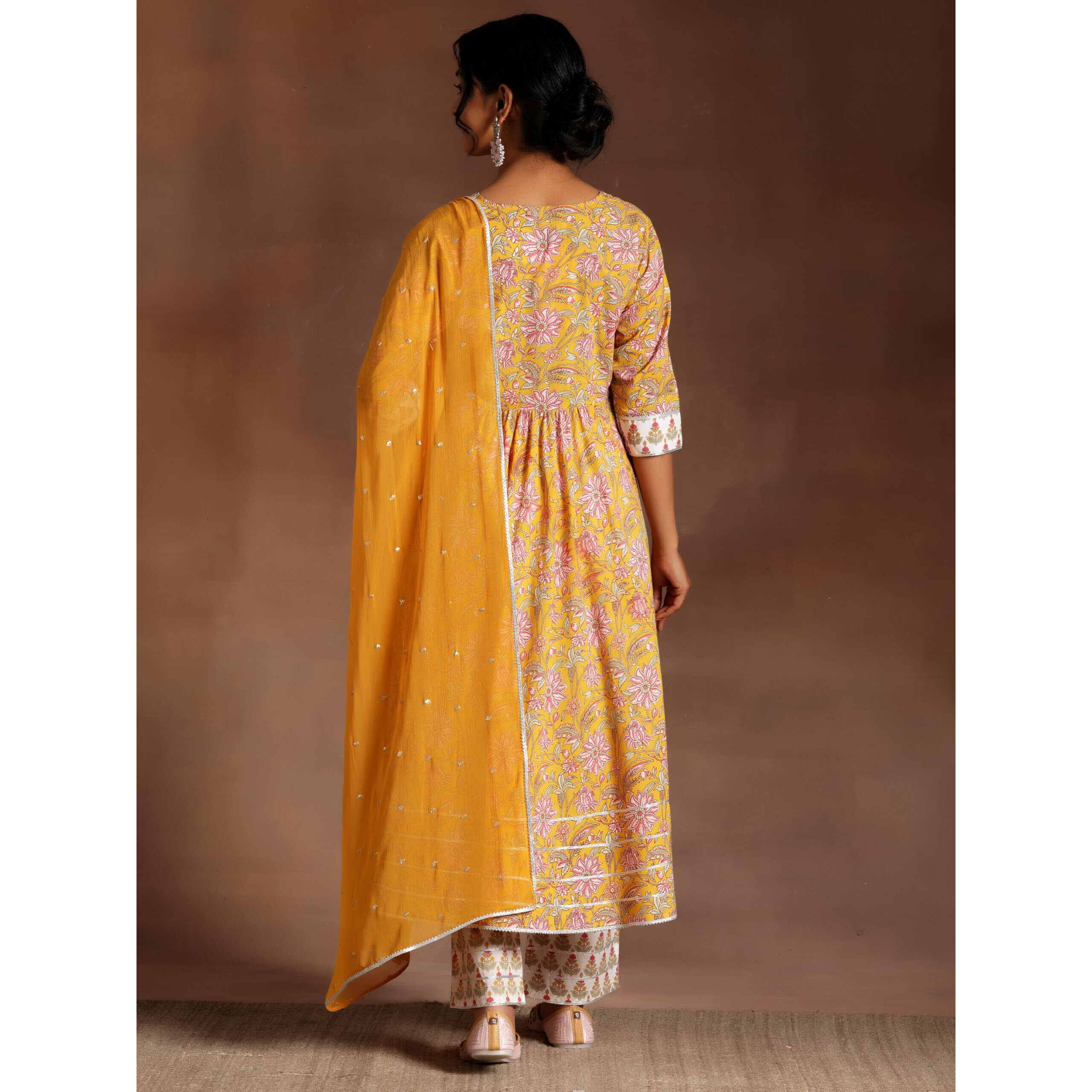 Libas Yellow Printed Cotton Anarkali Kurta With Trousers & Dupatta