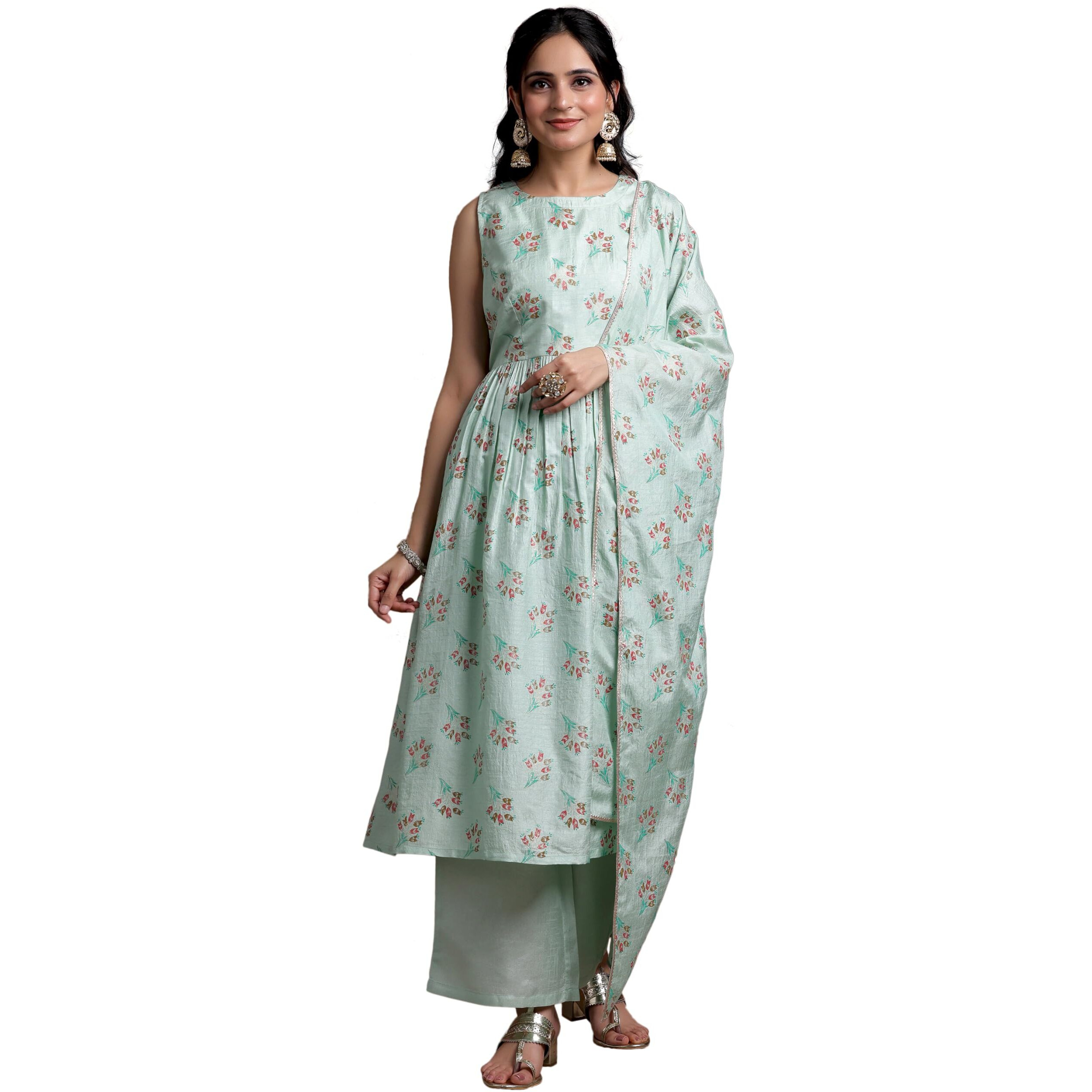 Libas Womens Printed Silk Blend A-Line Kurta With Palazzos And Dupatta