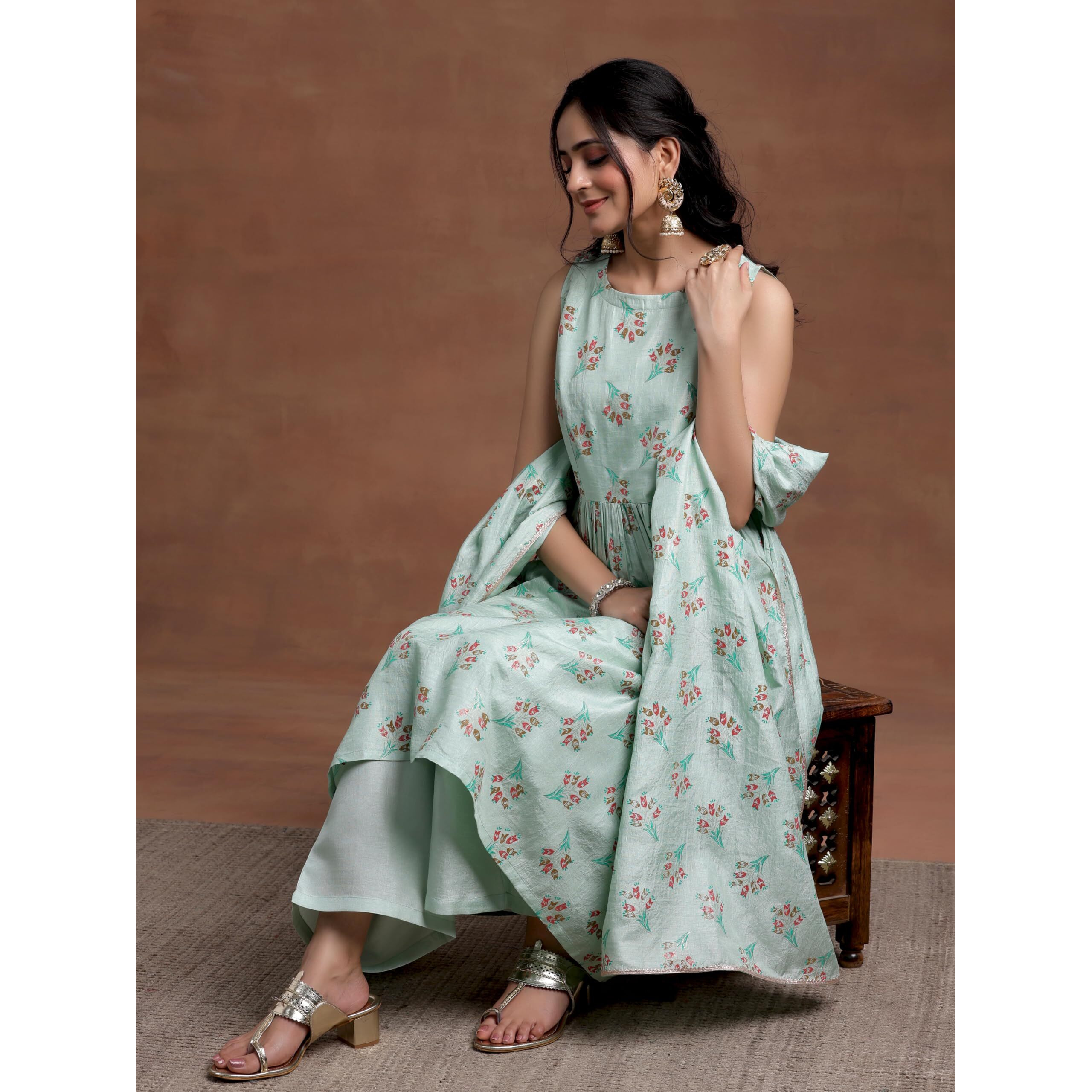 Libas Womens Printed Silk Blend A-Line Kurta With Palazzos And Dupatta