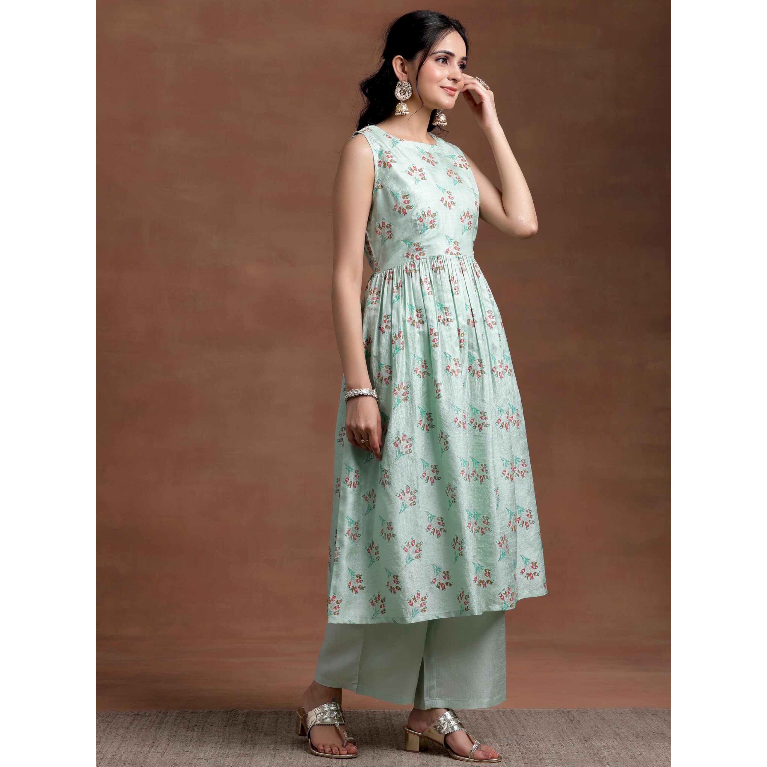 Libas Womens Printed Silk Blend A-Line Kurta With Palazzos And Dupatta