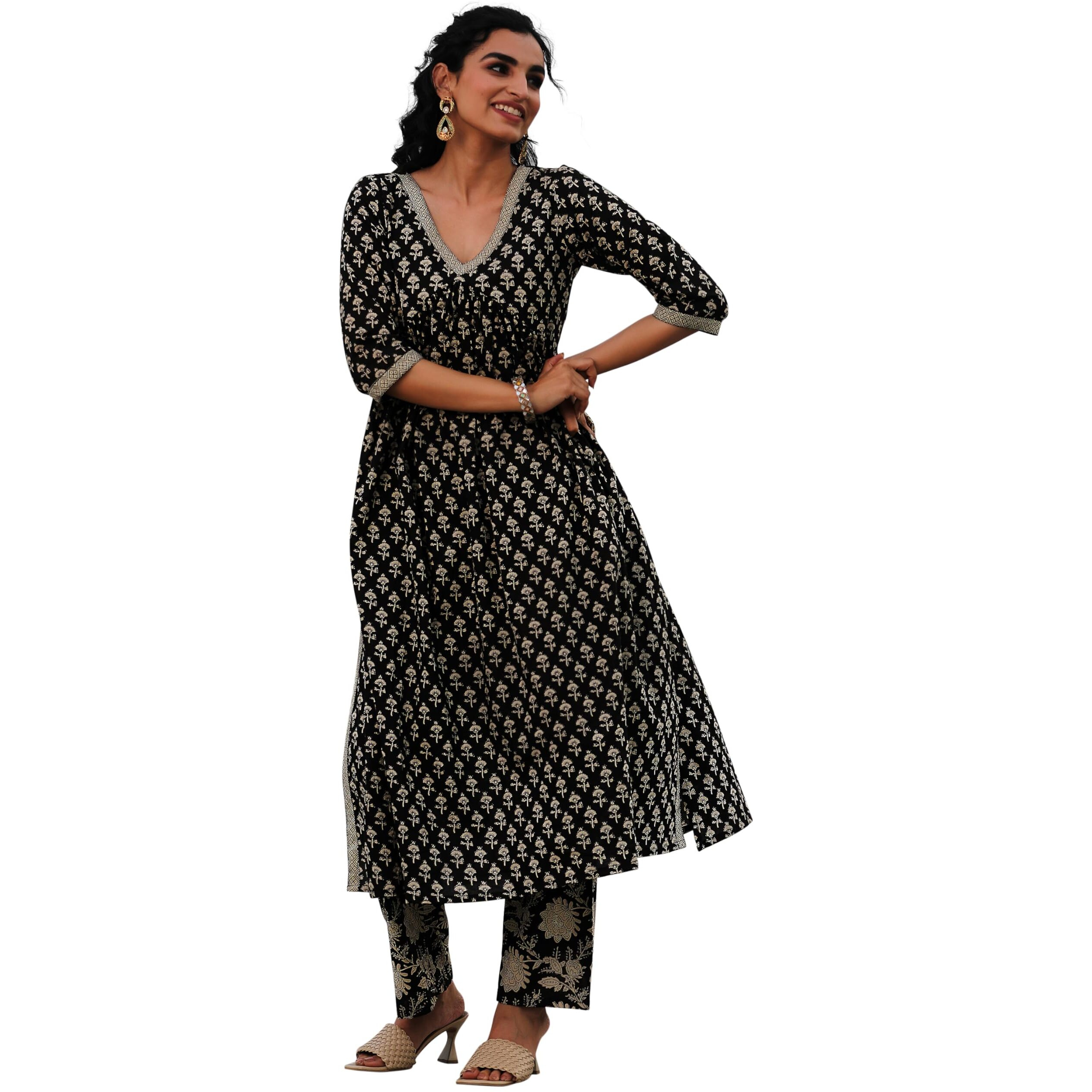 Libas Womens Printed Cotton A-Line Kurta With Palazzos