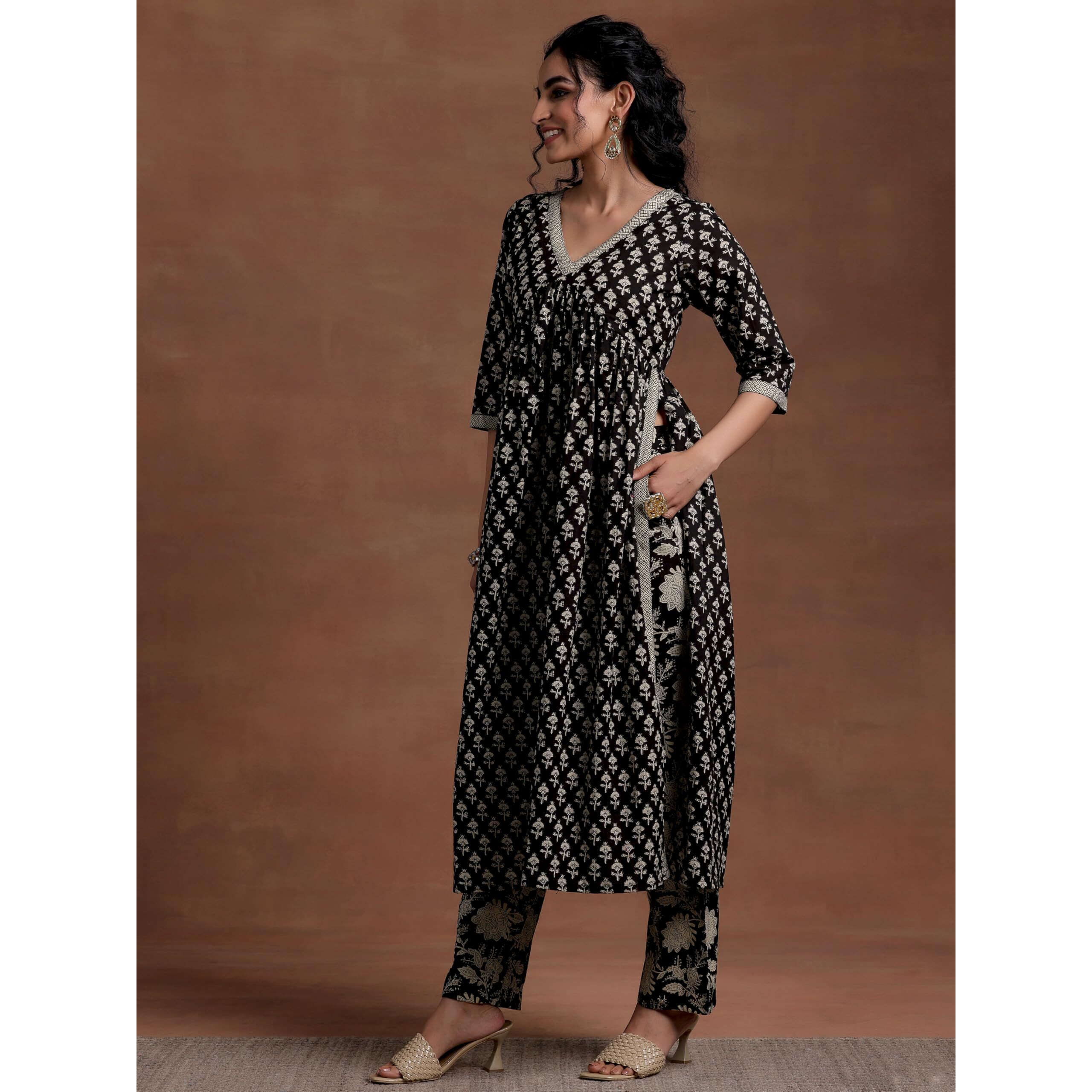 Libas Womens Printed Cotton A-Line Kurta With Palazzos