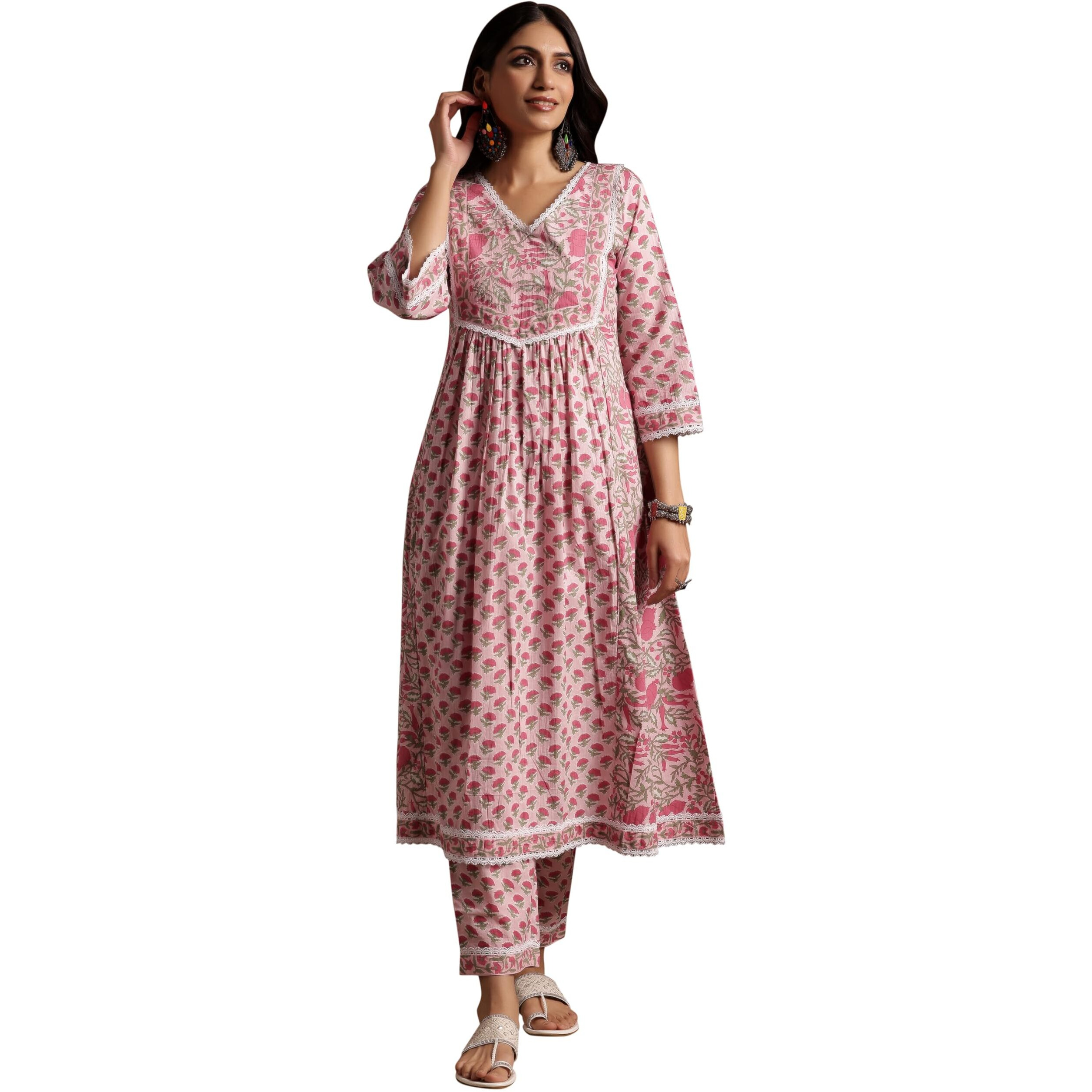 Libas Womens Printed Cotton A-Line Kurta With Palazzos