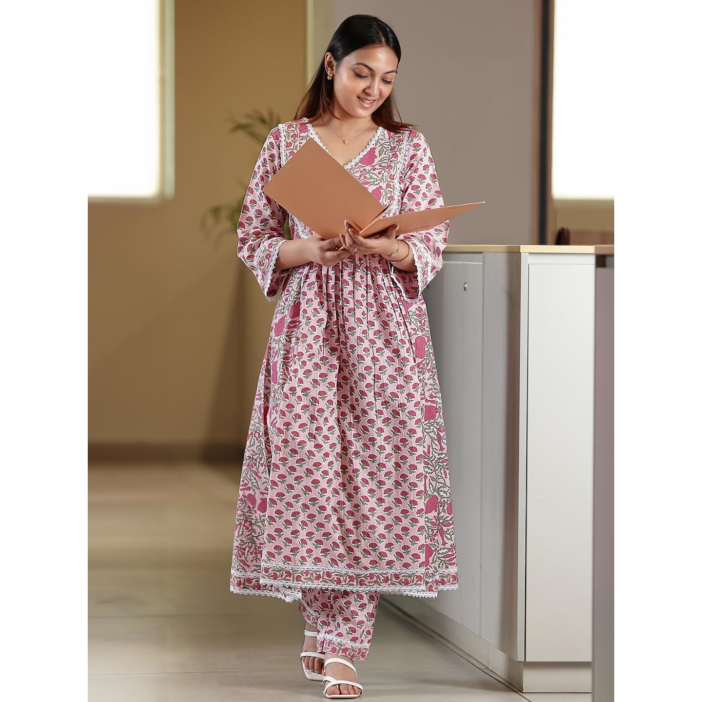 Libas Womens Printed Cotton A-Line Kurta With Palazzos