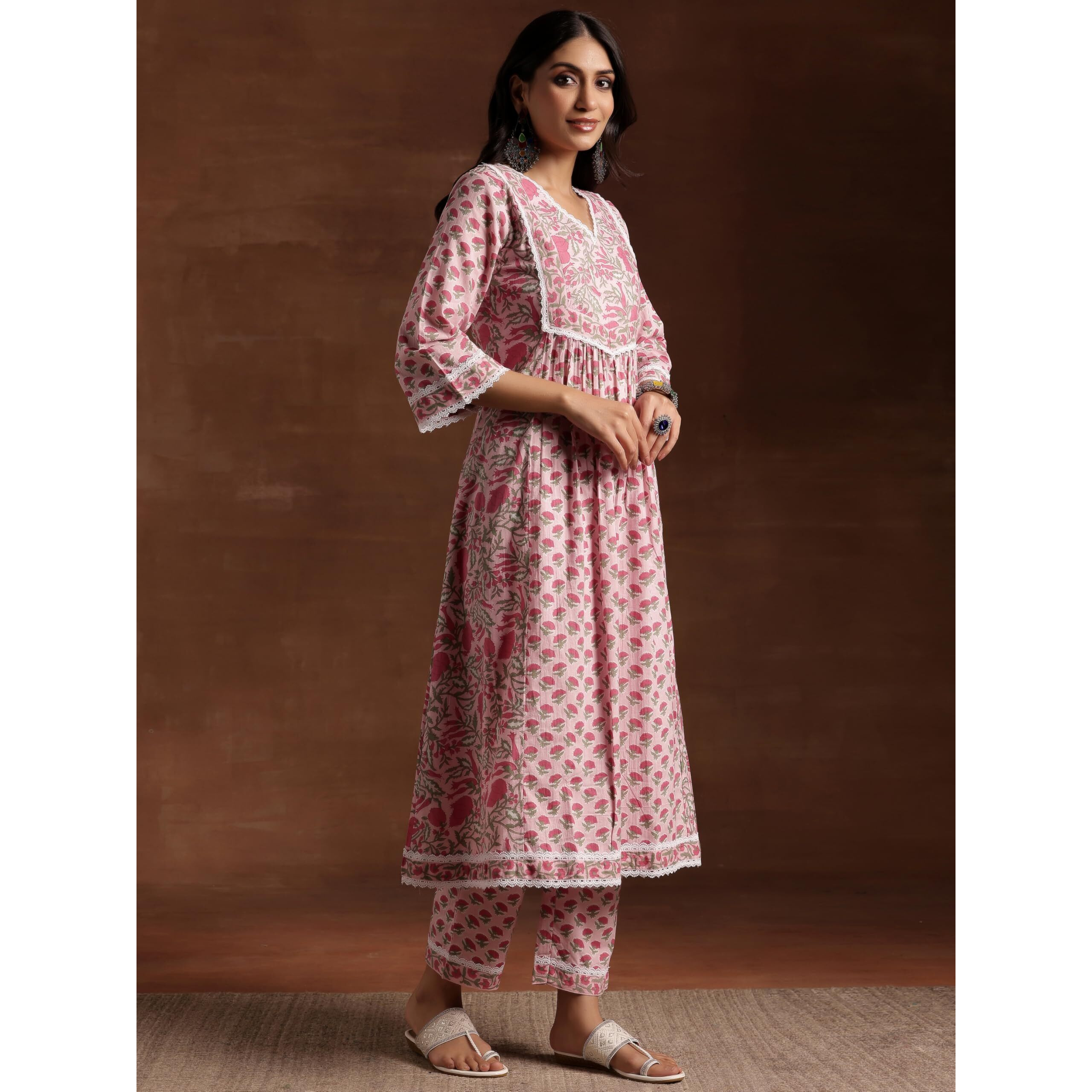 Libas Womens Printed Cotton A-Line Kurta With Palazzos