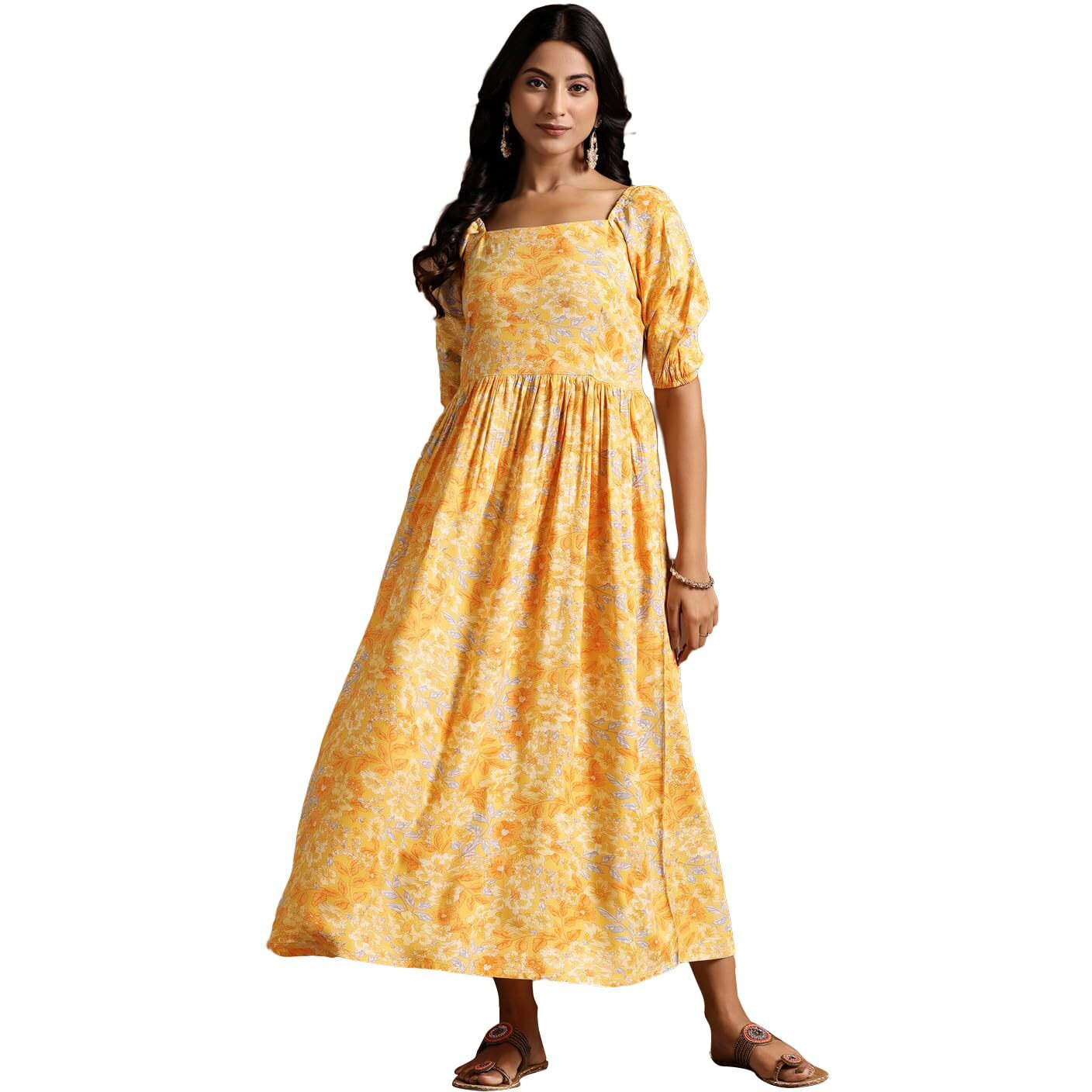Libas Women's Rayon Fit And Flare Maxi Dress (29079_Yellow