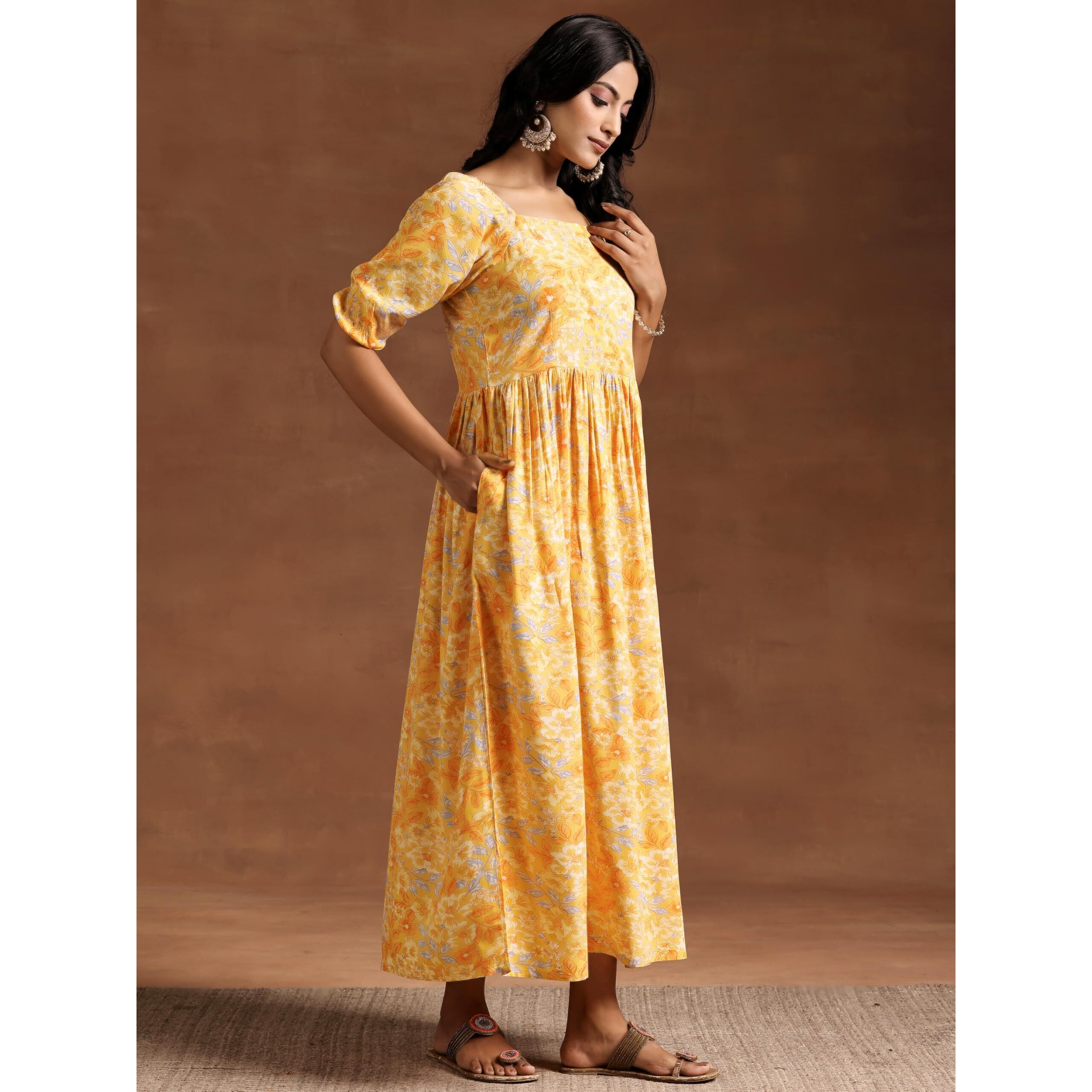 Libas Women's Rayon Fit And Flare Maxi Dress (29079_Yellow