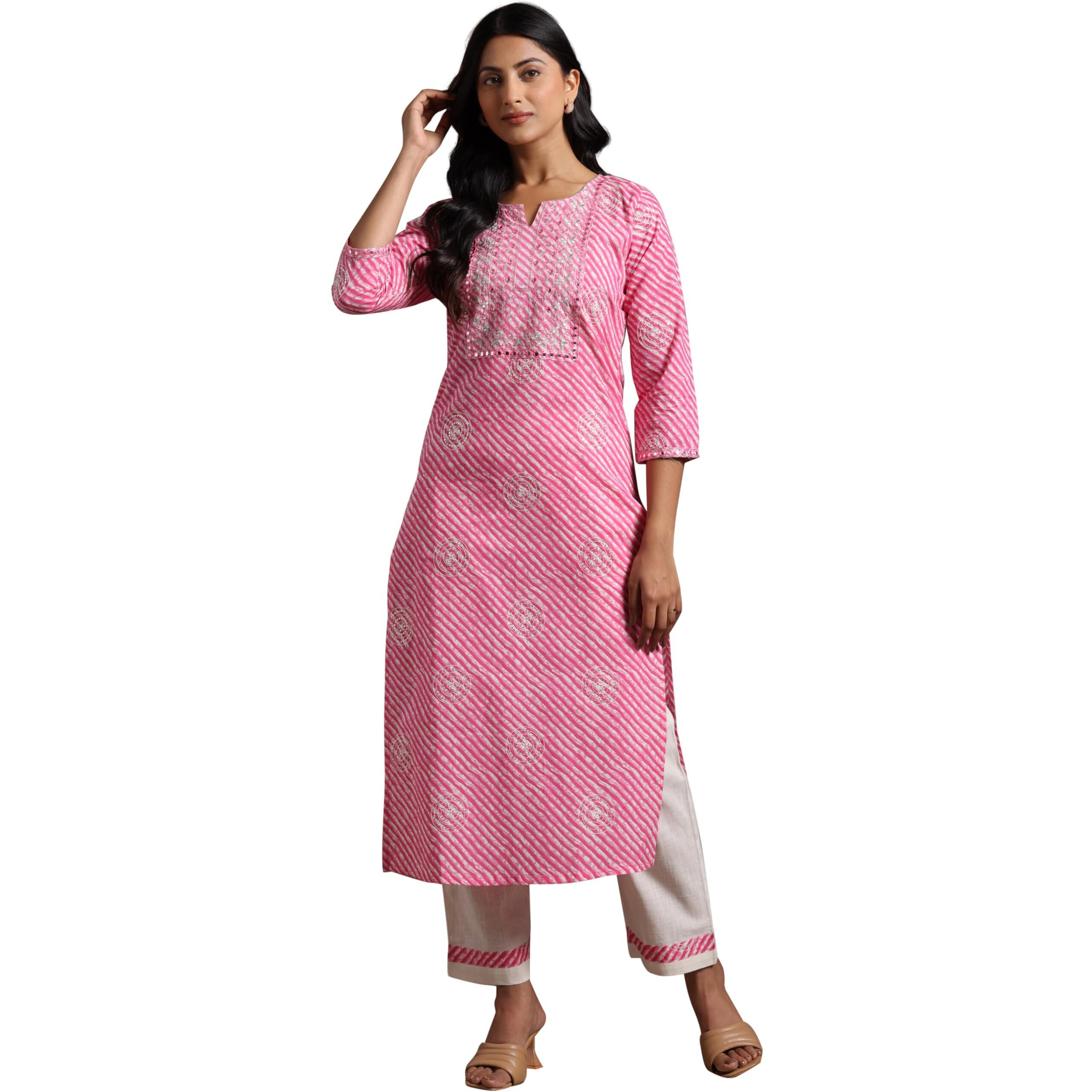 Libas Women Cotton Pink Printed Straight Kurta Set With Trousers, Xl