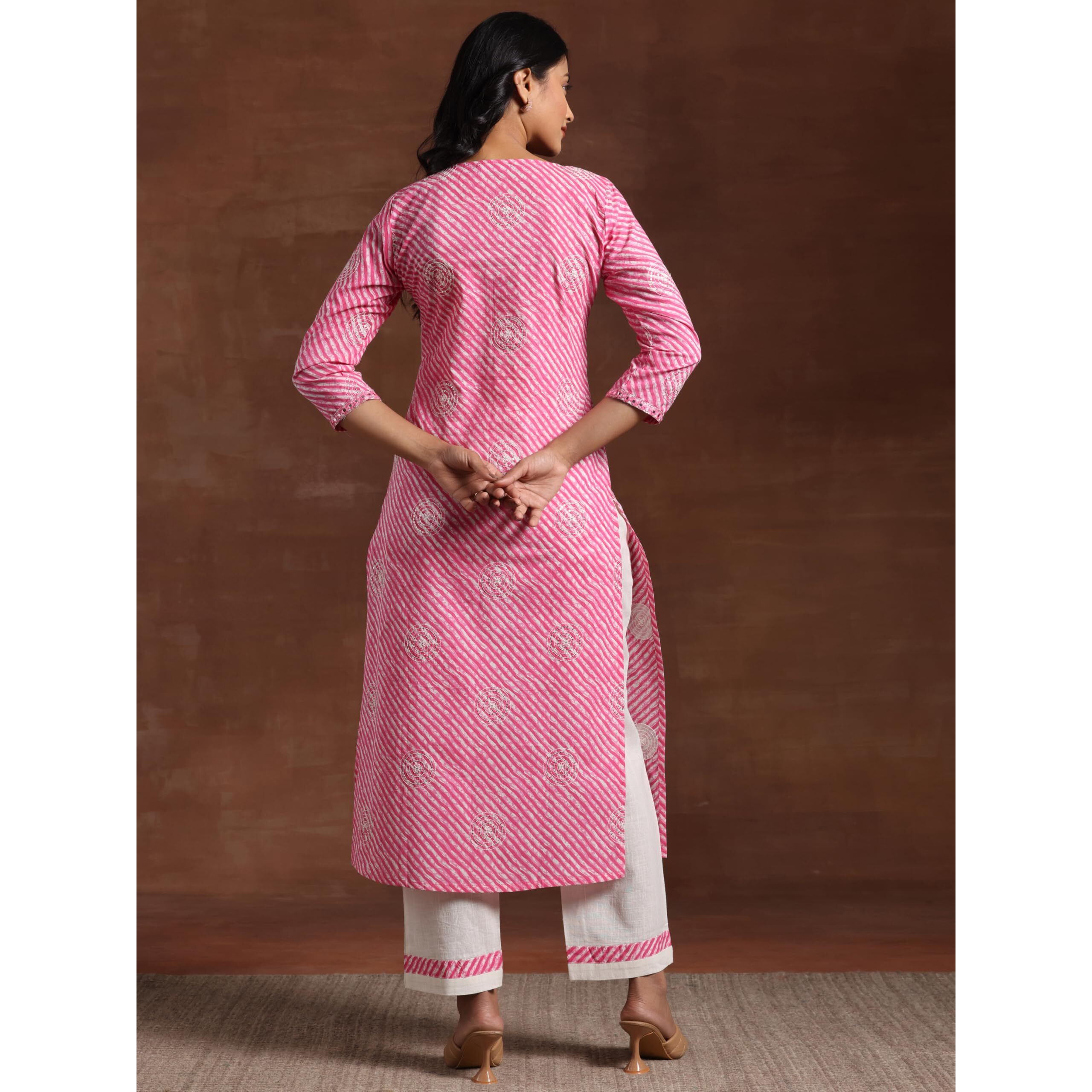 Libas Women Cotton Pink Printed Straight Kurta Set With Trousers, Xl