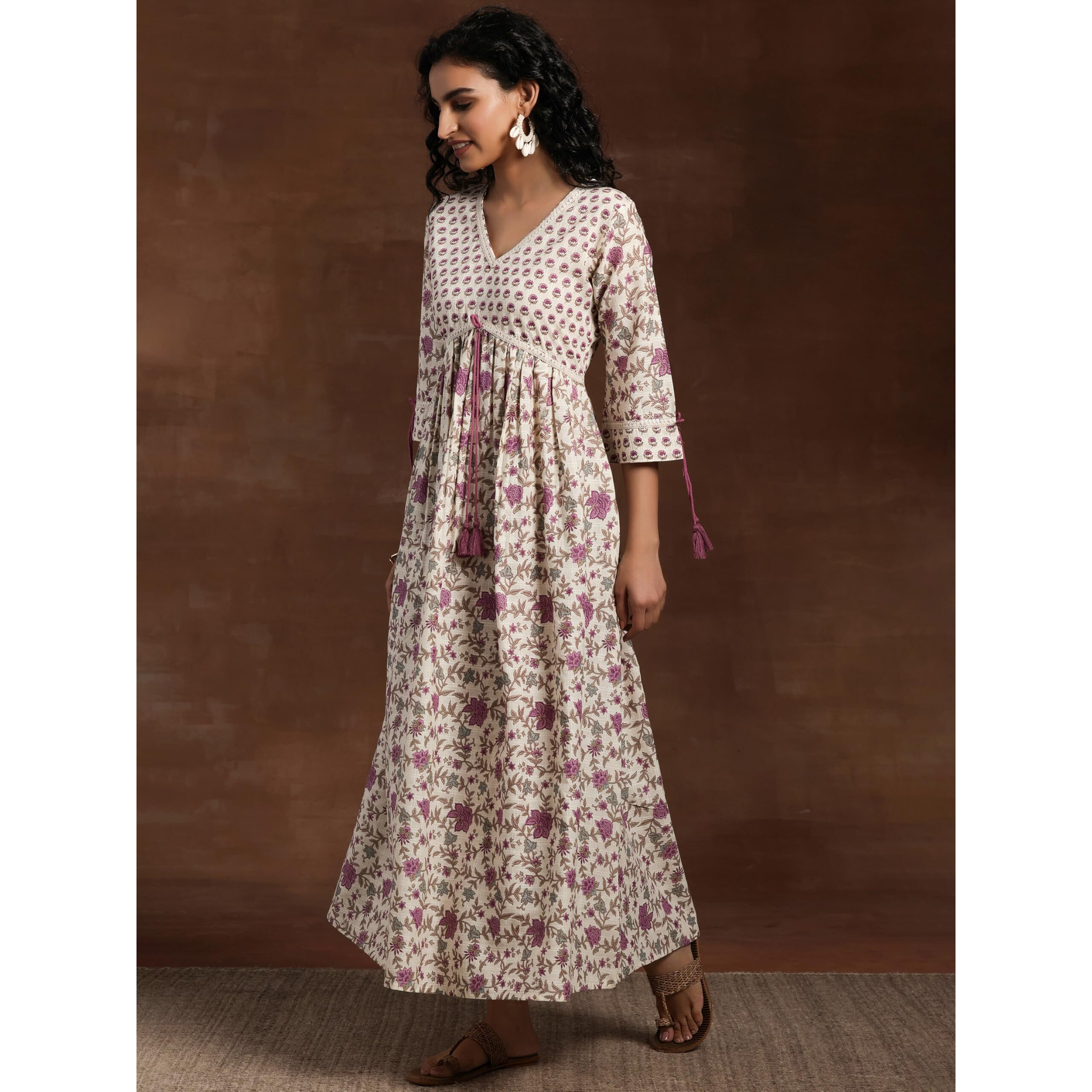 Libas Women's Cotton Fit And Flare Midi Dress (29091_Off White