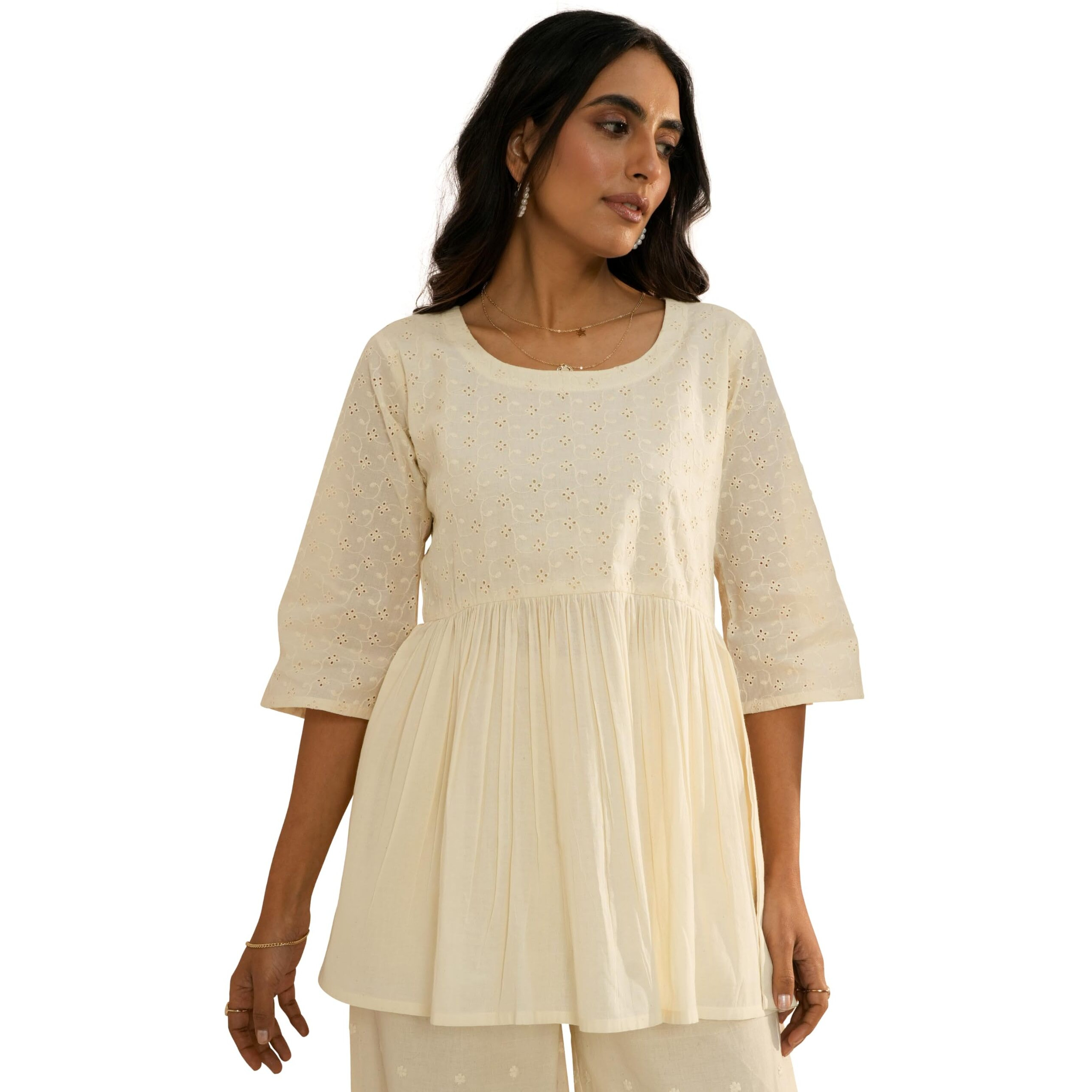 Libas Women's Pure Cotton Embroidered A-Line Kurtis (29092_Off White