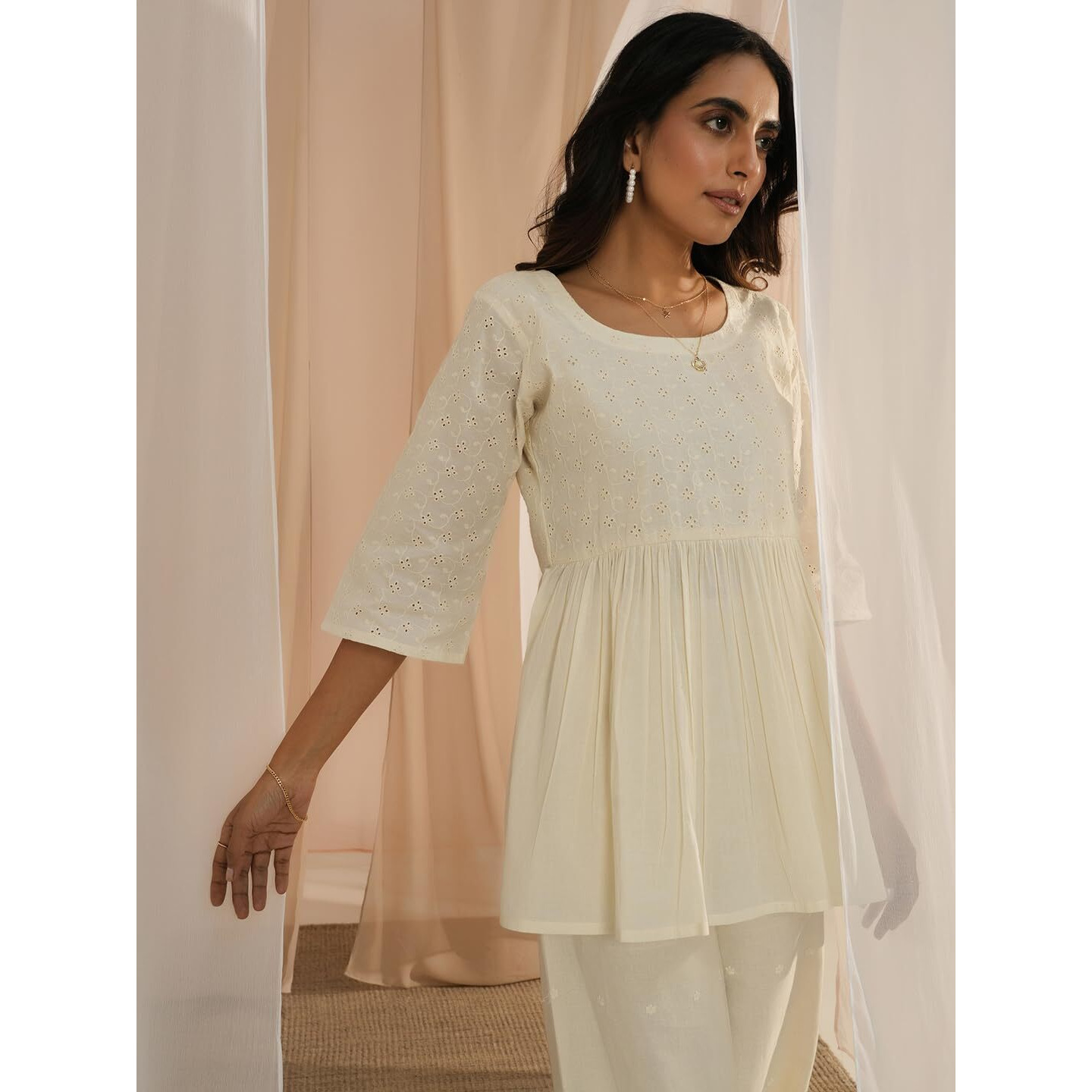 Libas Women's Pure Cotton Embroidered A-Line Kurtis (29092_Off White