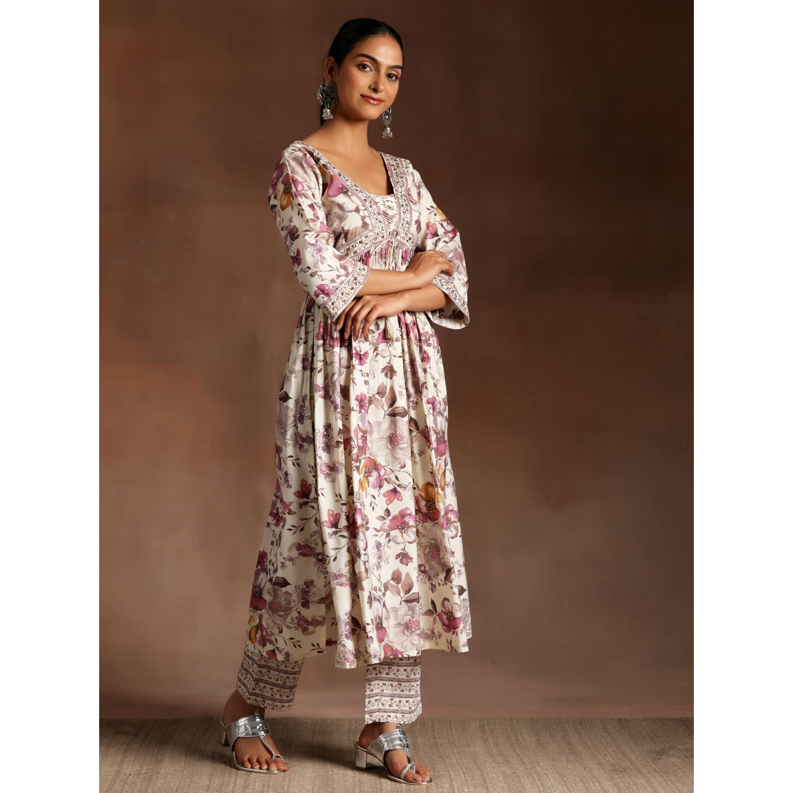 Libas Womens Printed Silk Blend Straight Kurta With Palazzos And Dupatta