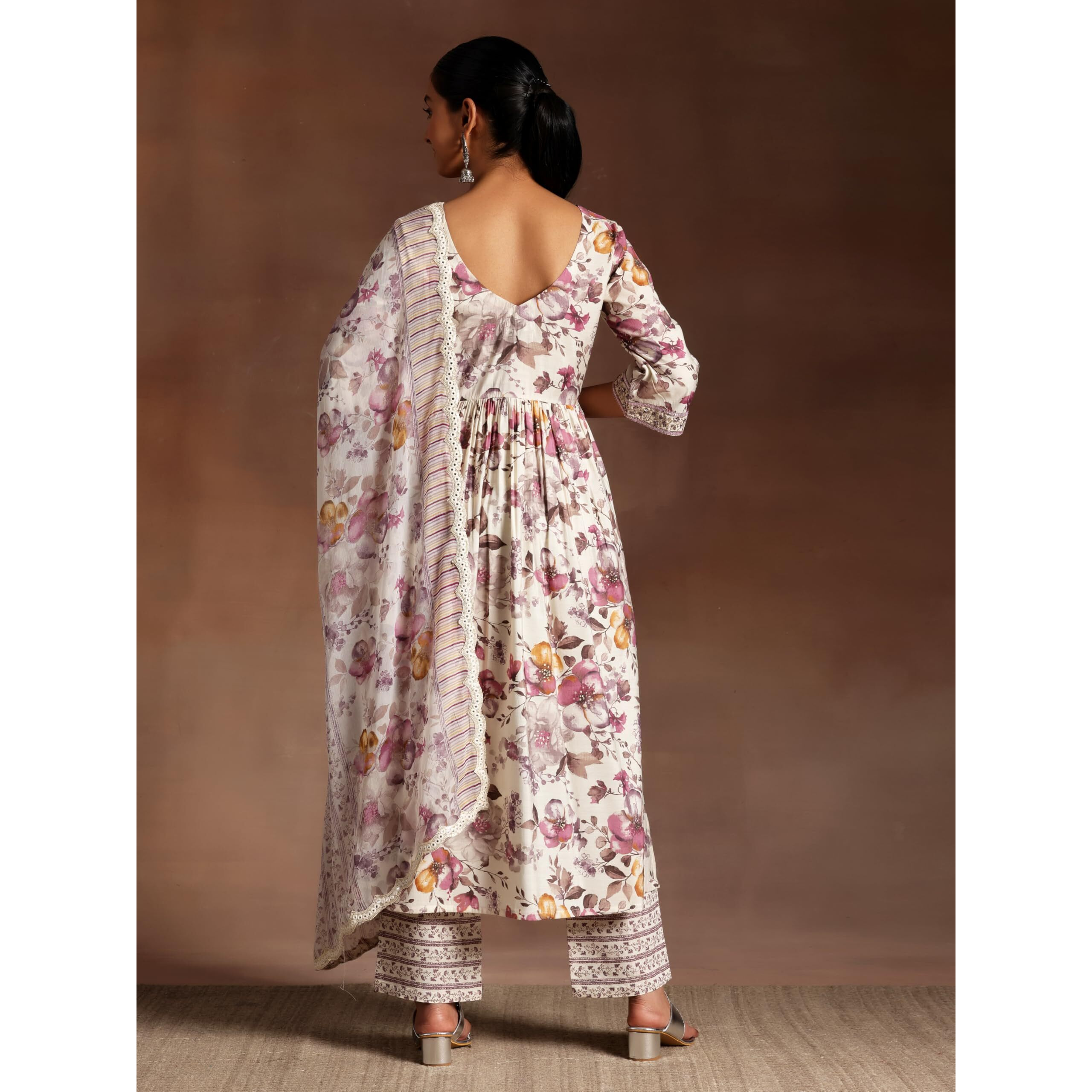 Libas Womens Printed Silk Blend Straight Kurta With Palazzos And Dupatta