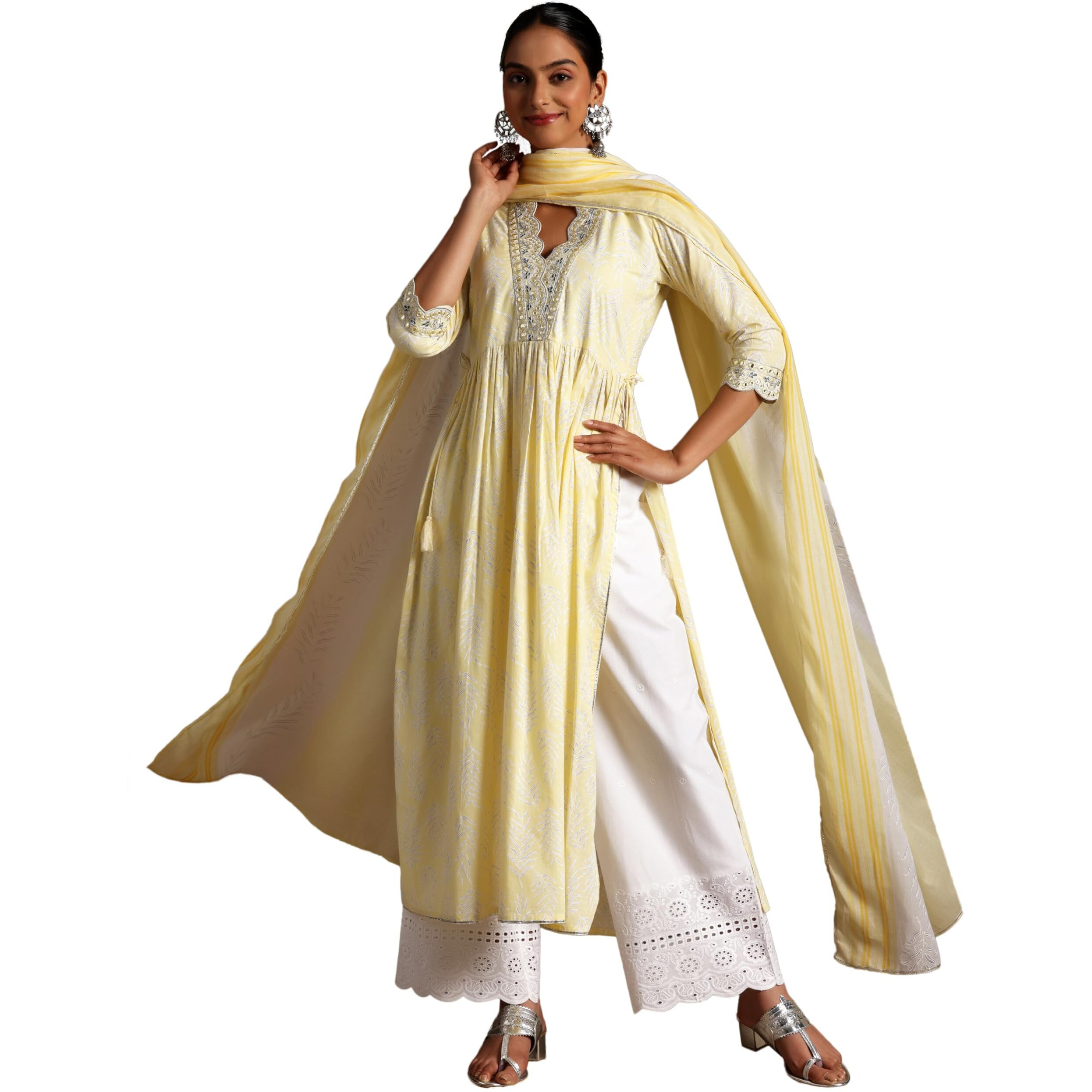 Libas Womens Printed Cotton A-Line Kurta With Palazzos And Dupatta