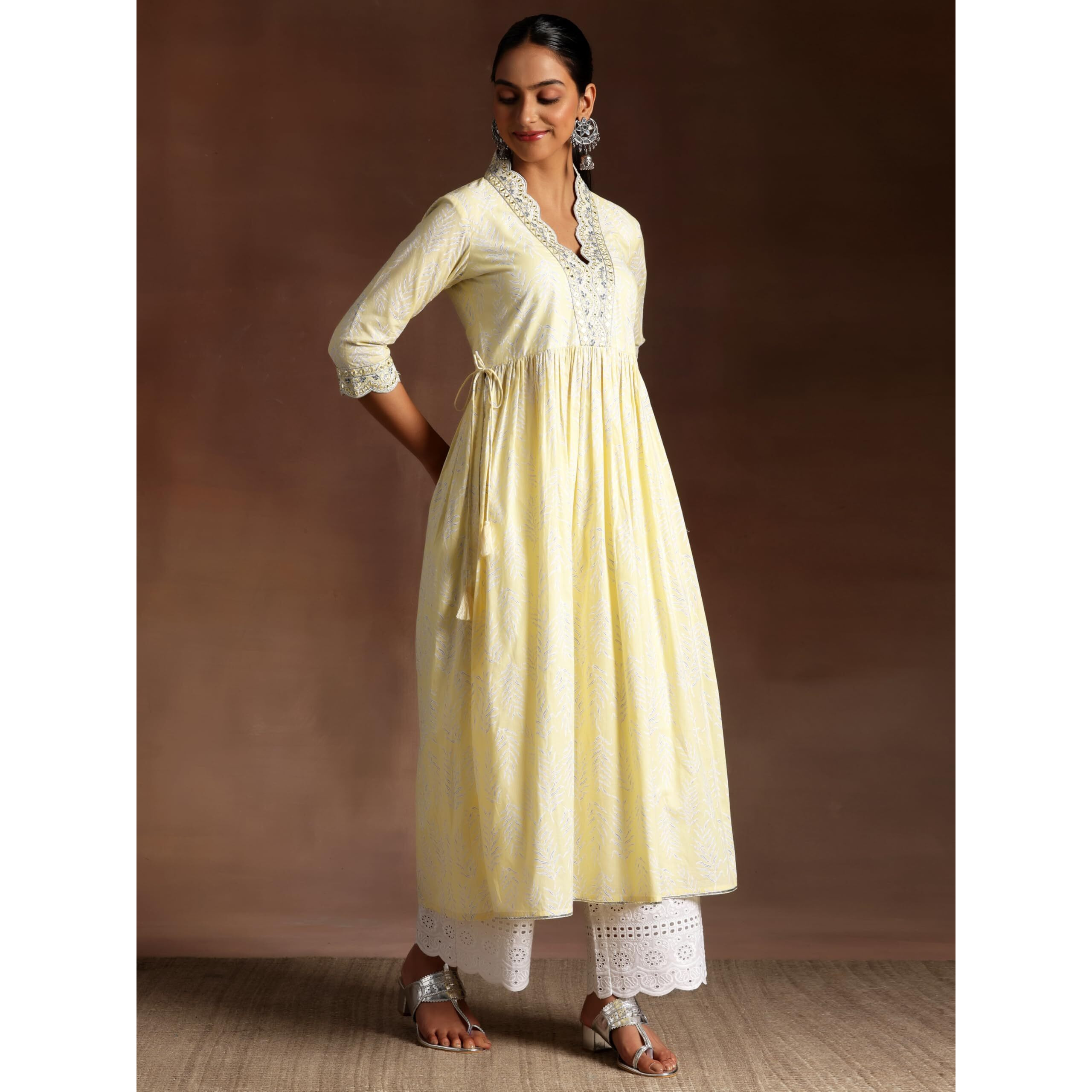 Libas Womens Printed Cotton A-Line Kurta With Palazzos And Dupatta