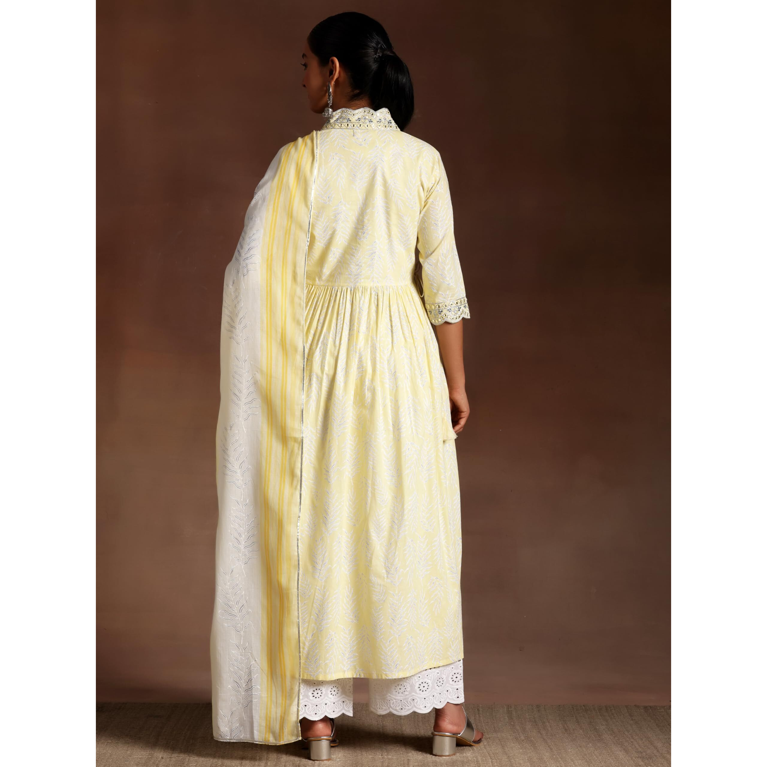 Libas Womens Printed Cotton A-Line Kurta With Palazzos And Dupatta