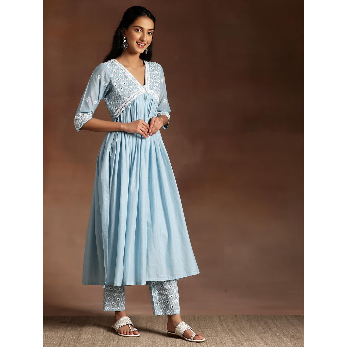 Libas Womens Embroidered Cotton A-Line Kurta With Palazzos And Dupatta