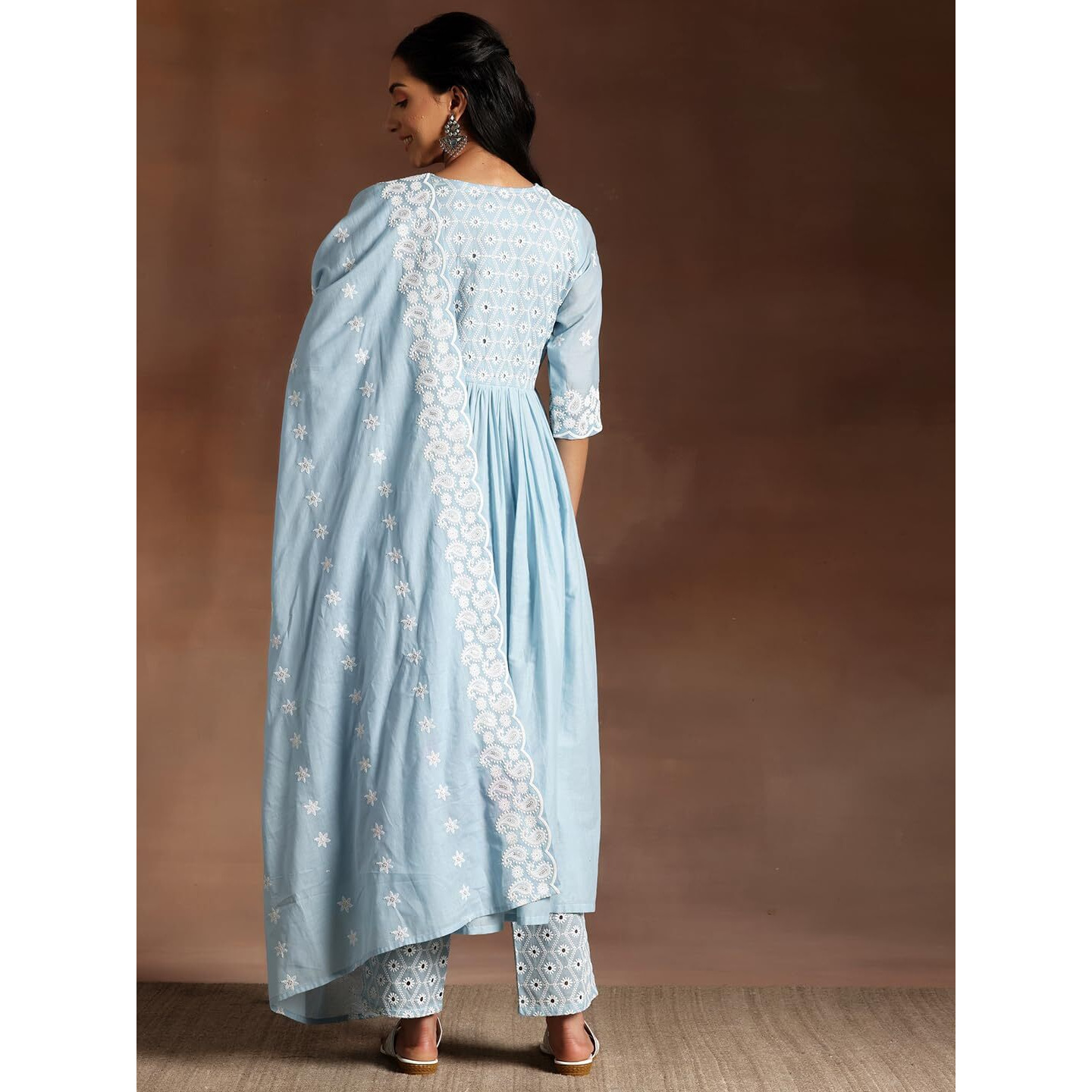 Libas Womens Embroidered Cotton A-Line Kurta With Palazzos And Dupatta