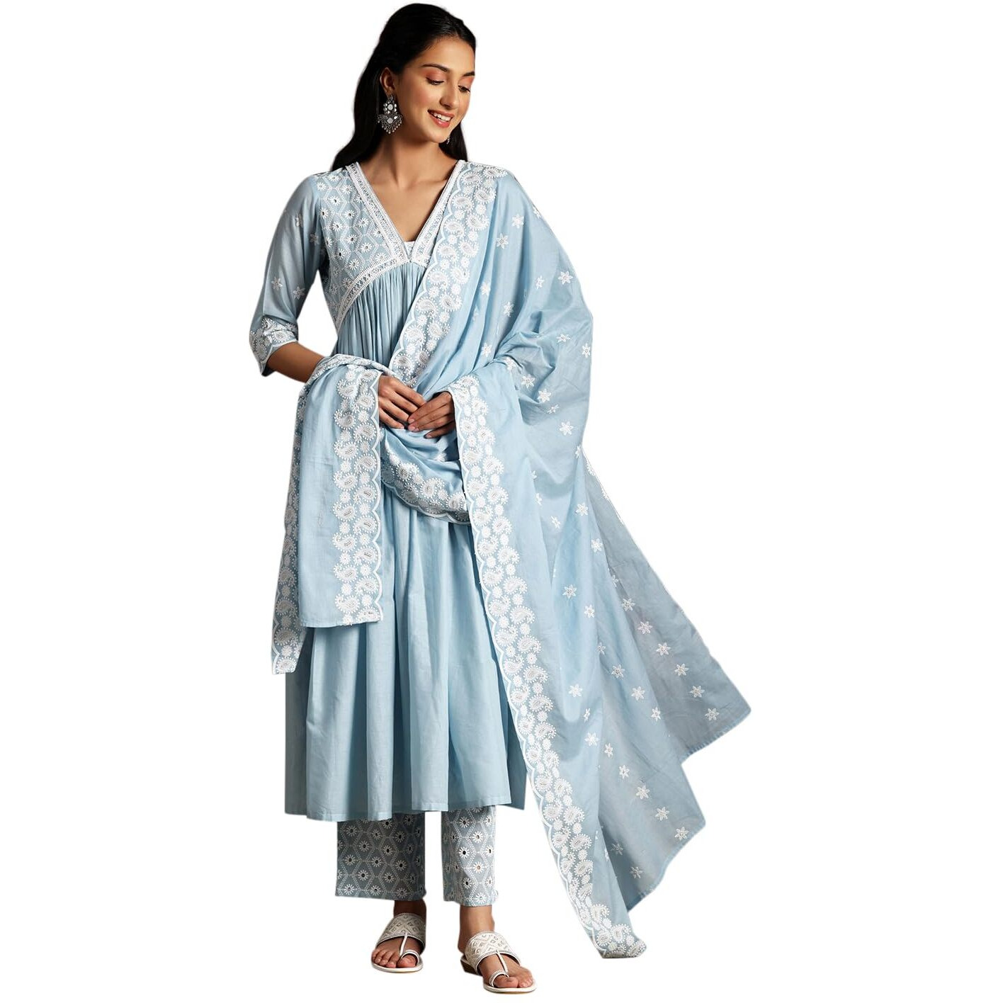 Libas Womens Embroidered Cotton A-Line Kurta With Palazzos And Dupatta