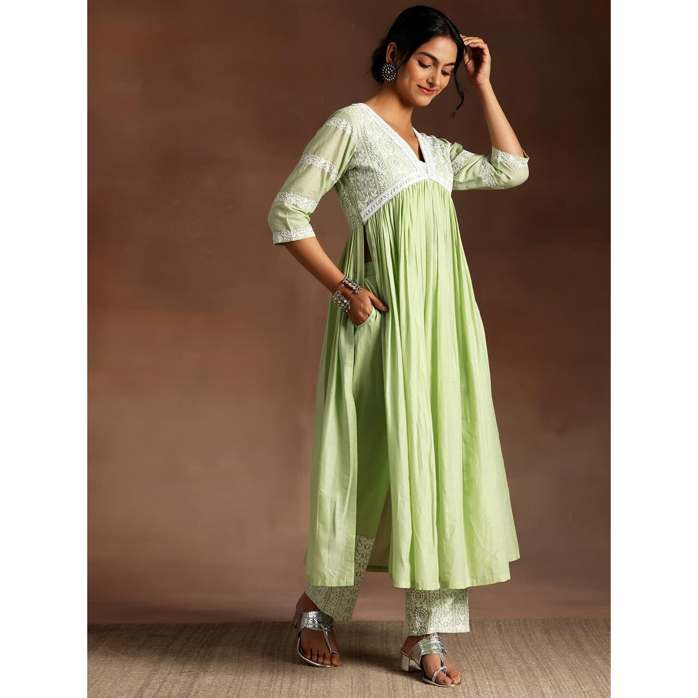 Libas Womens Embroidered Cotton A-Line Kurta With Palazzos And Dupatta