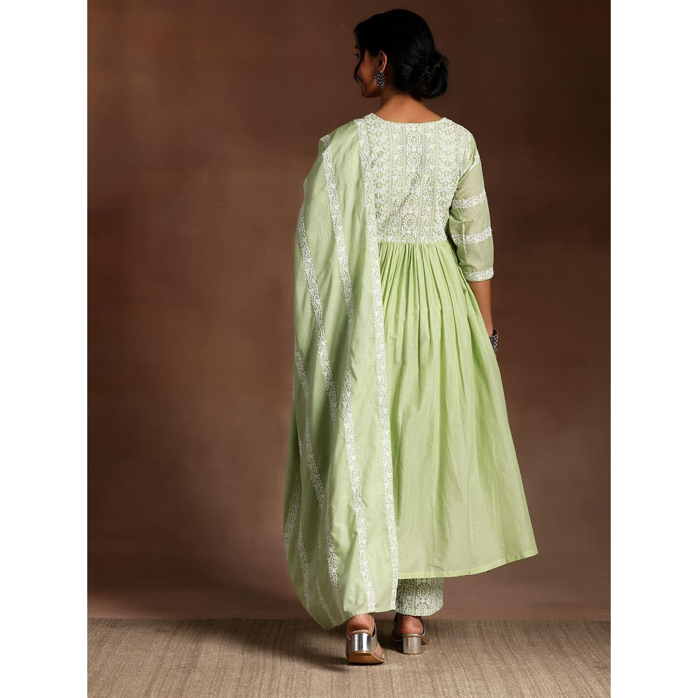 Libas Womens Embroidered Cotton A-Line Kurta With Palazzos And Dupatta