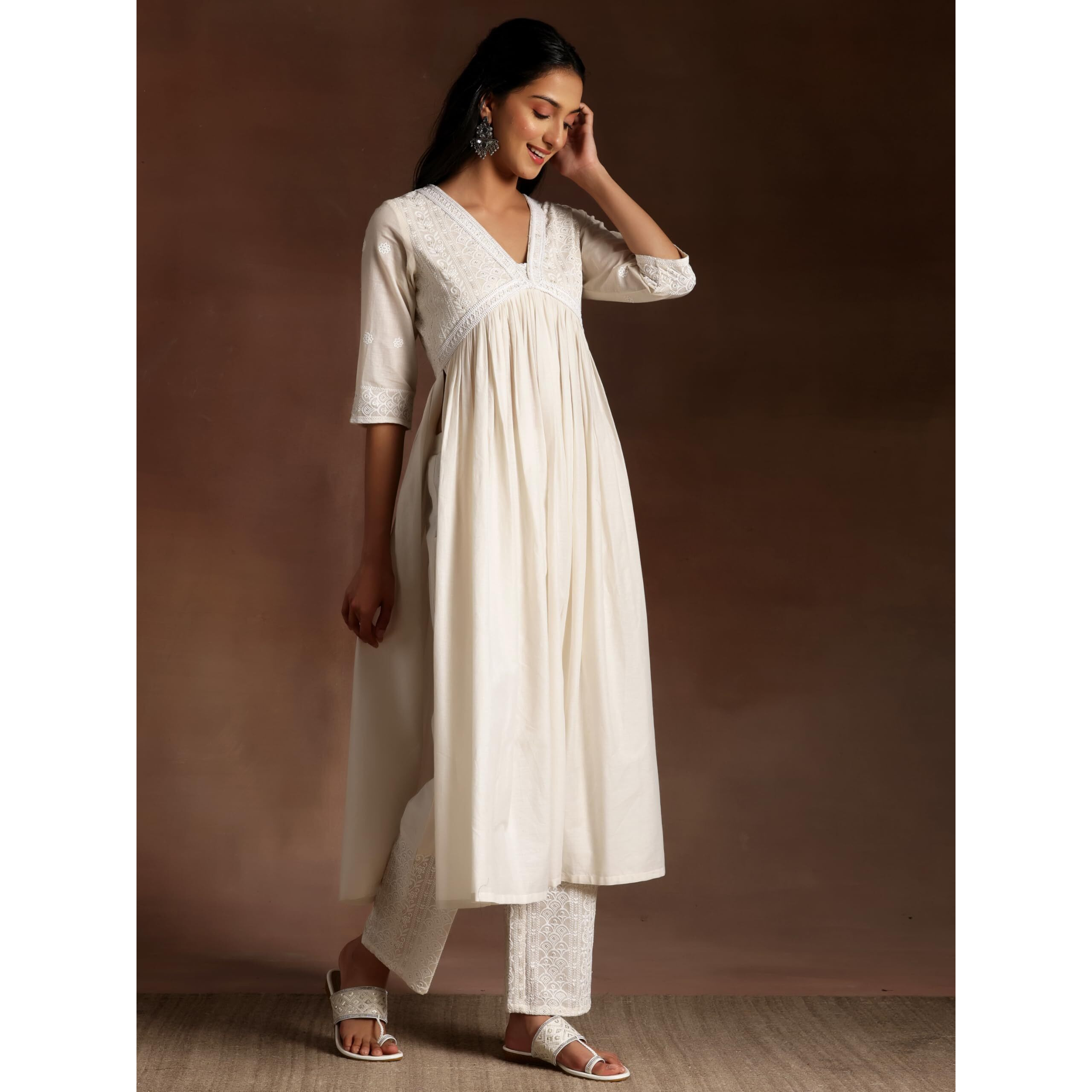 Libas Womens Embroidered Cotton A-Line Kurta With Palazzos And Dupatta