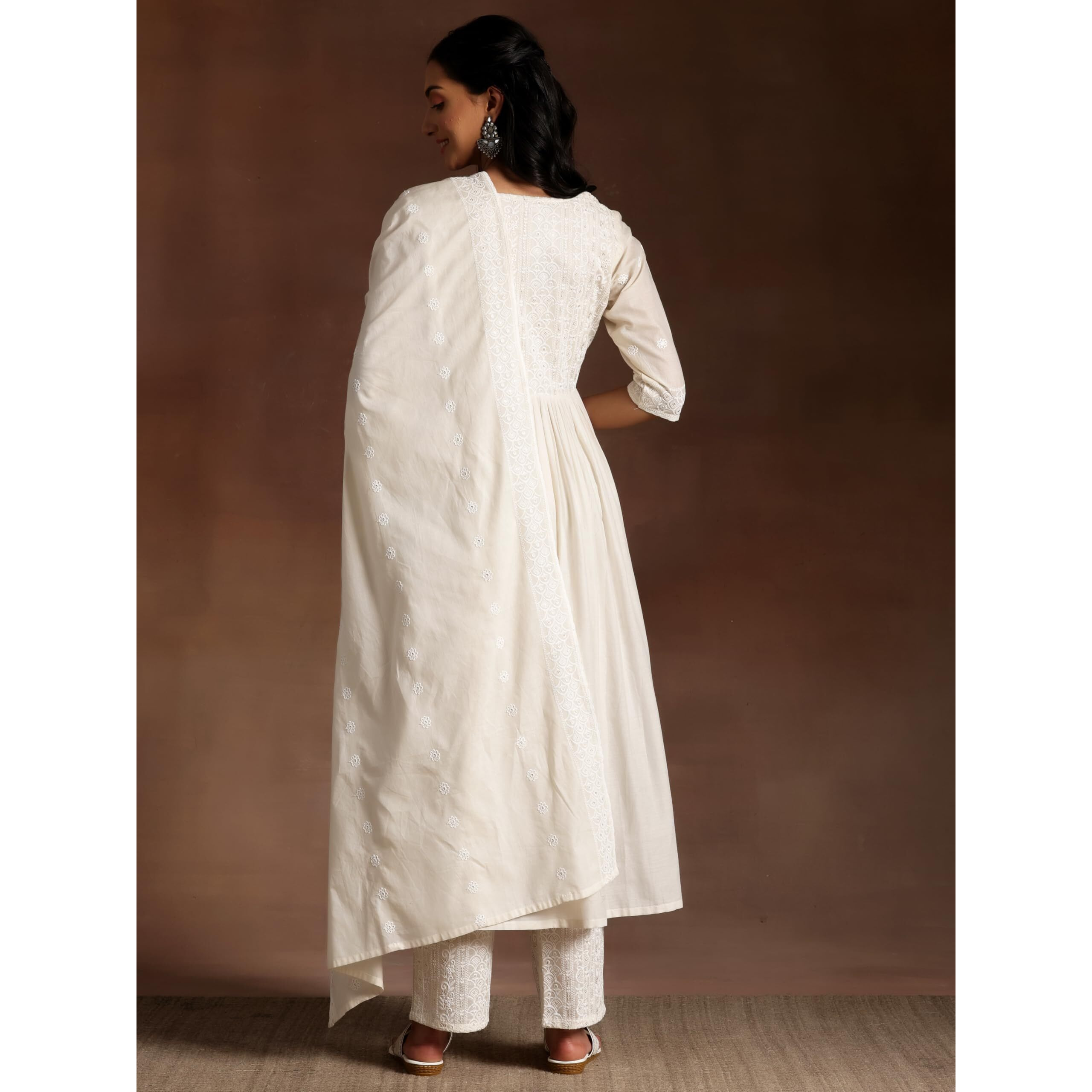 Libas Womens Embroidered Cotton A-Line Kurta With Palazzos And Dupatta