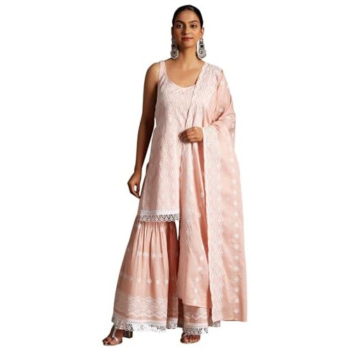 Libas Womens Embroidered Cotton Straight Kurta With Sharara And Dupatta