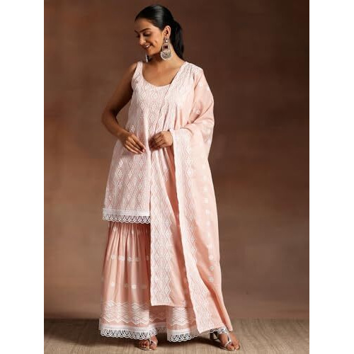 Libas Womens Embroidered Cotton Straight Kurta With Sharara And Dupatta