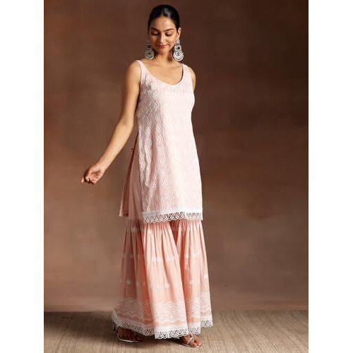 Libas Womens Embroidered Cotton Straight Kurta With Sharara And Dupatta