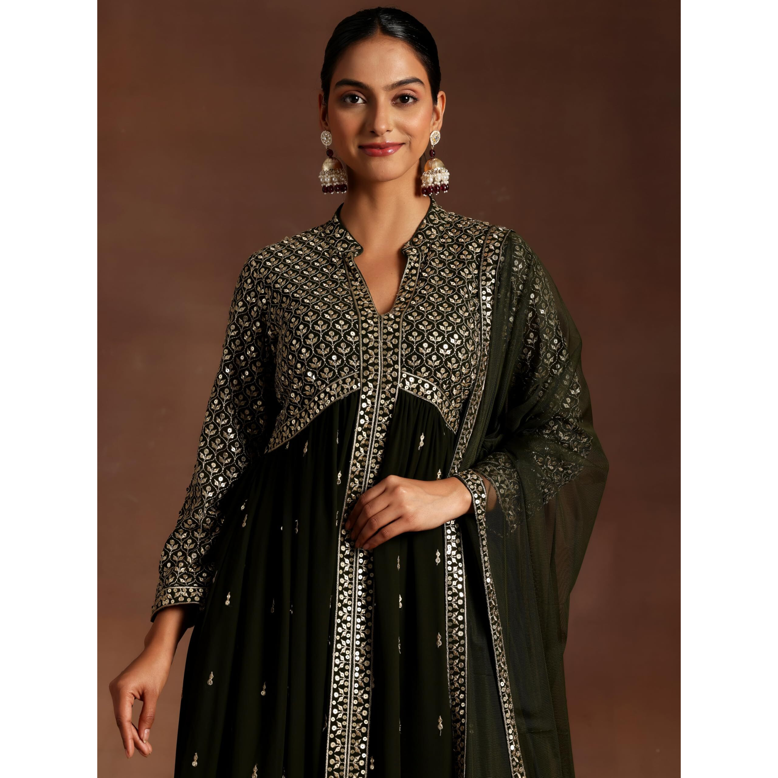 Libas Womens Embroidered Georgette A-Line Kurta With Trousers And Dupatta