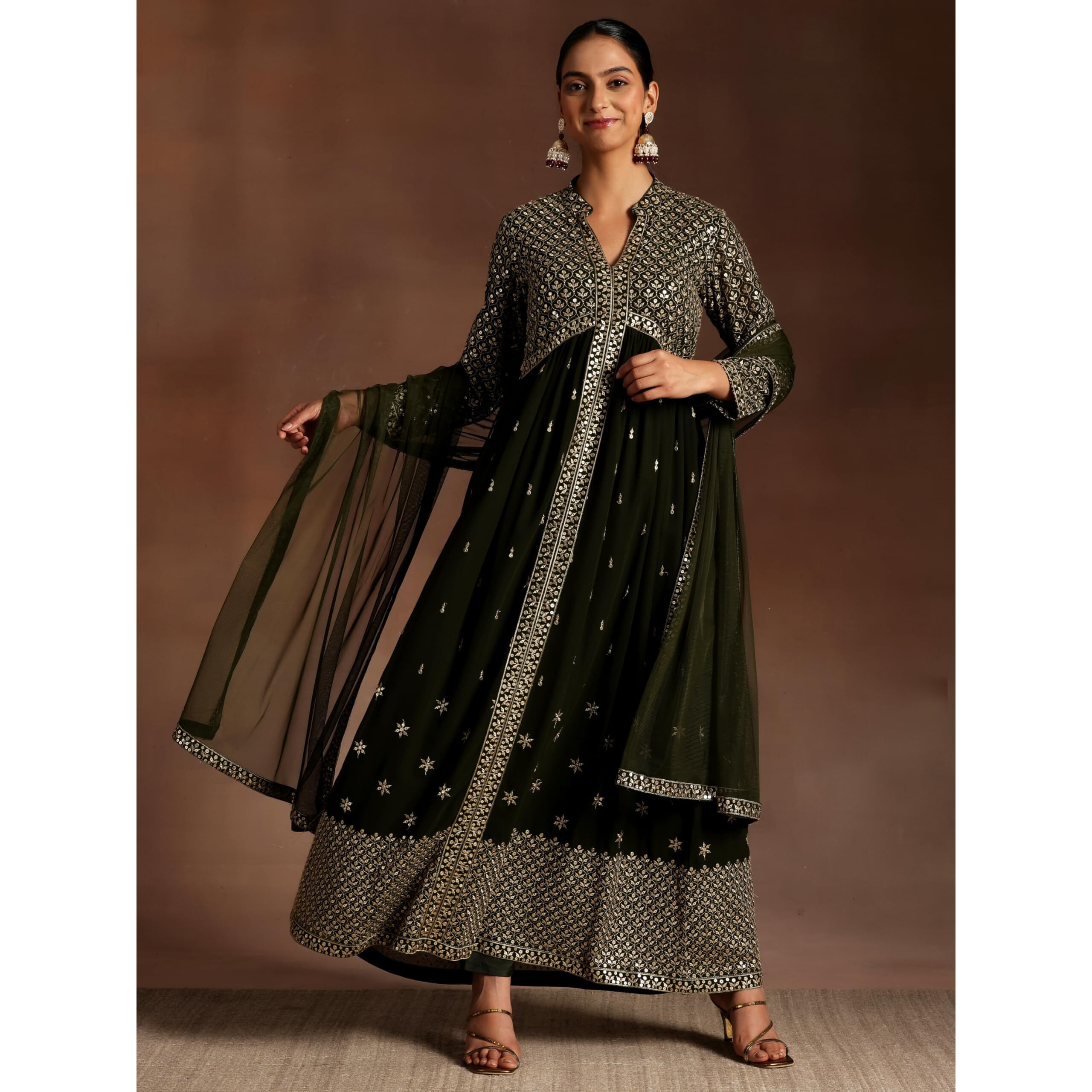 Libas Womens Embroidered Georgette A-Line Kurta With Trousers And Dupatta