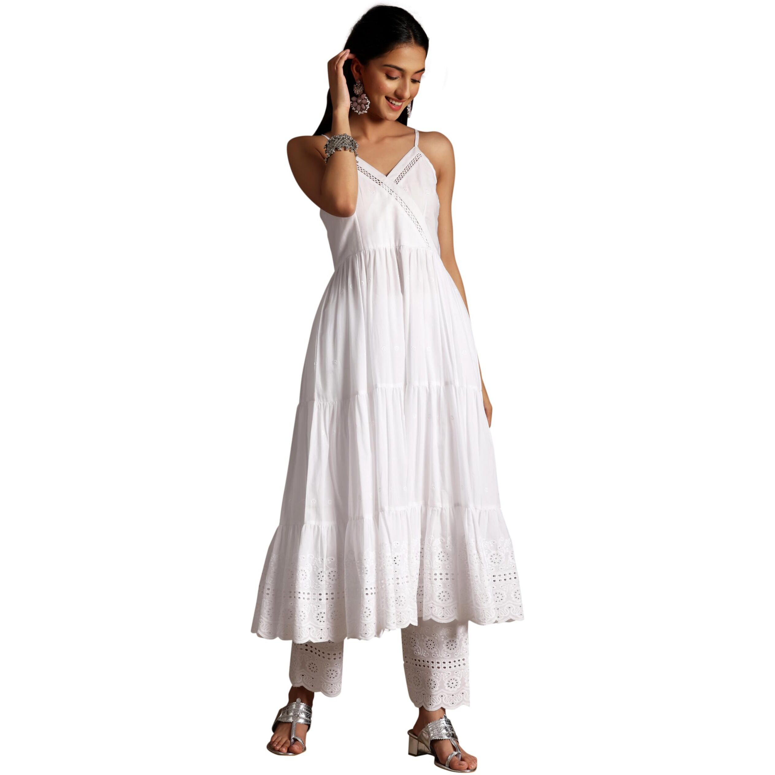 Libas Women's Cotton Self Design Kurta Set (35858_White_M)