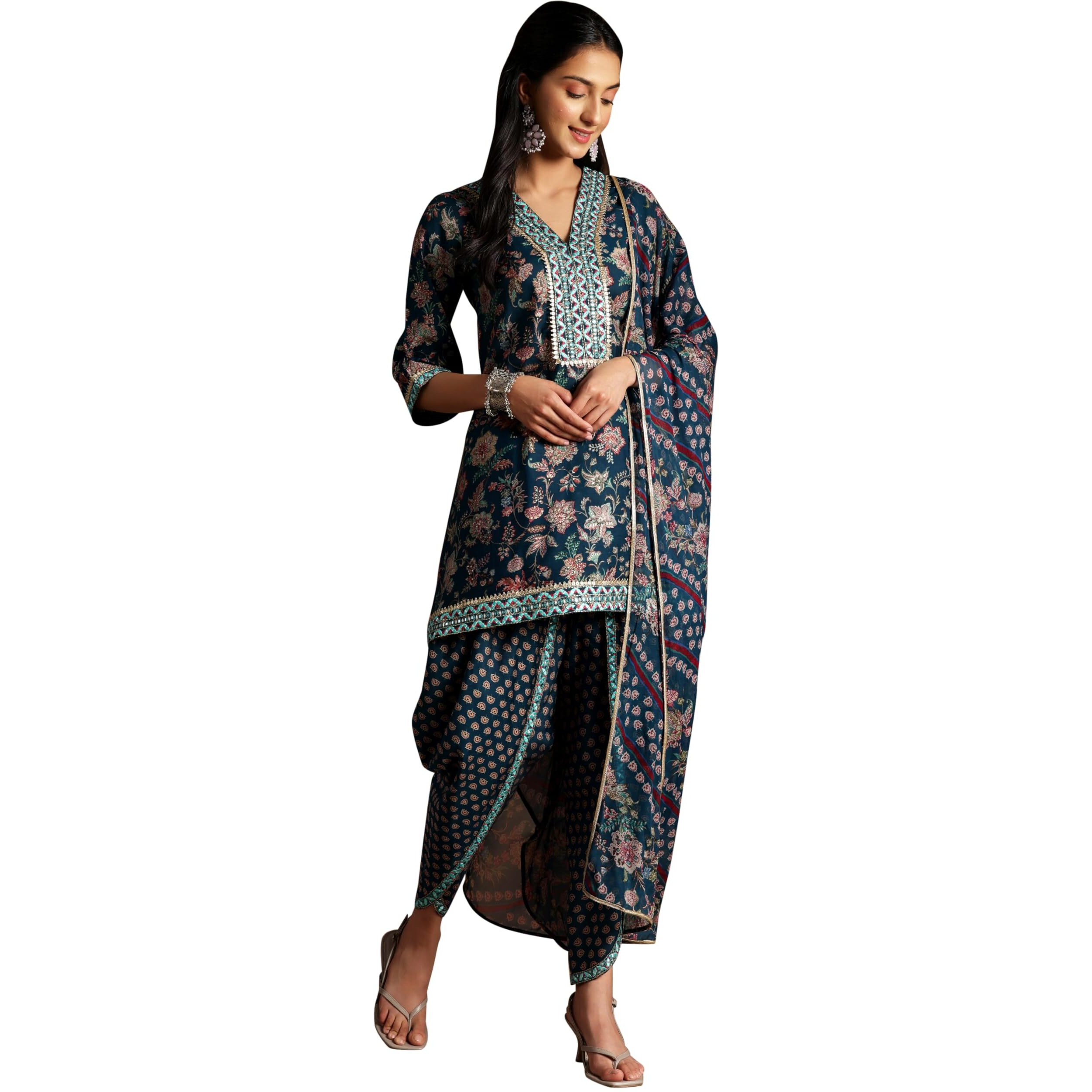 Libas Womens Printed Silk Blend Straight Kurta With Dhoti Pant And Dupatta