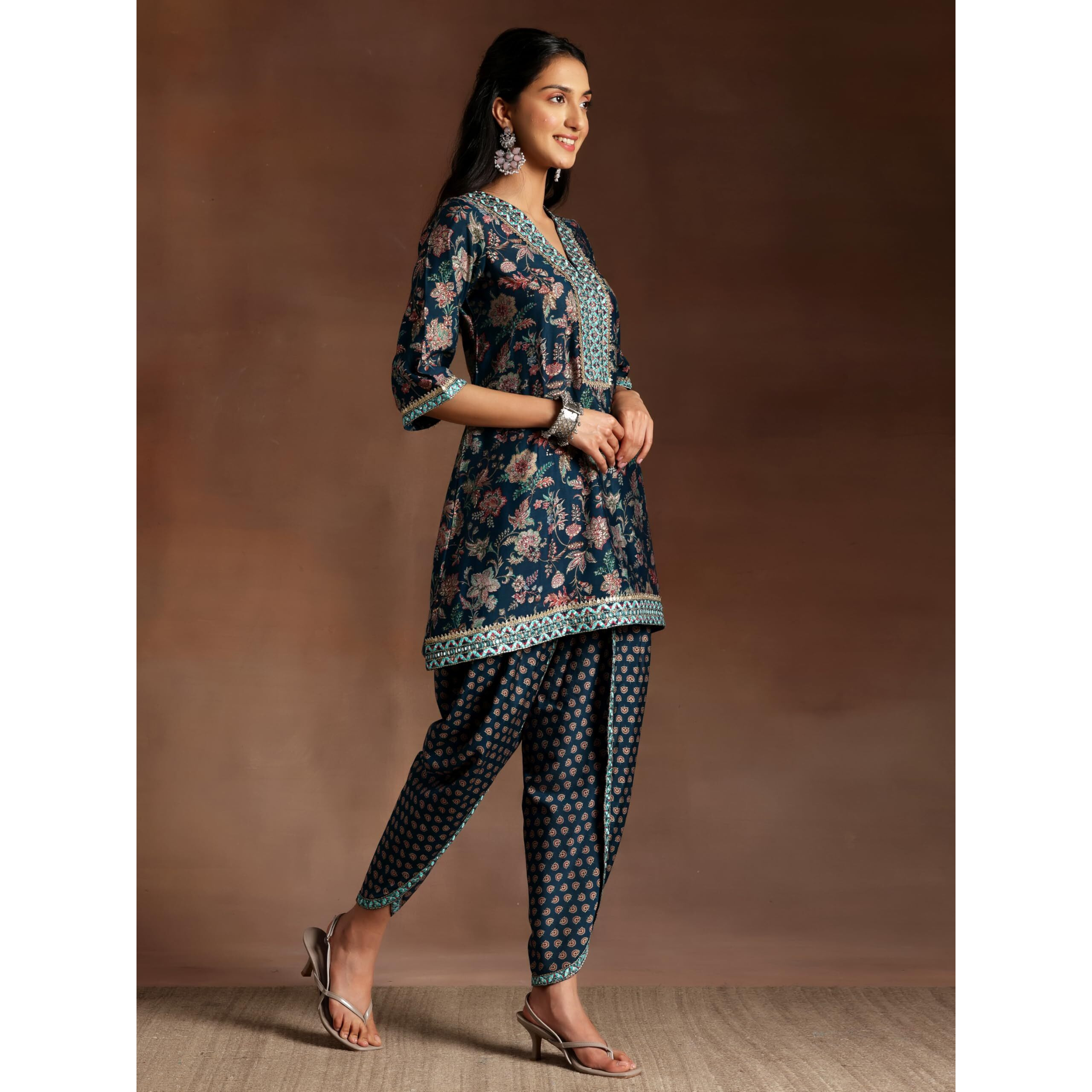Libas Womens Printed Silk Blend Straight Kurta With Dhoti Pant And Dupatta