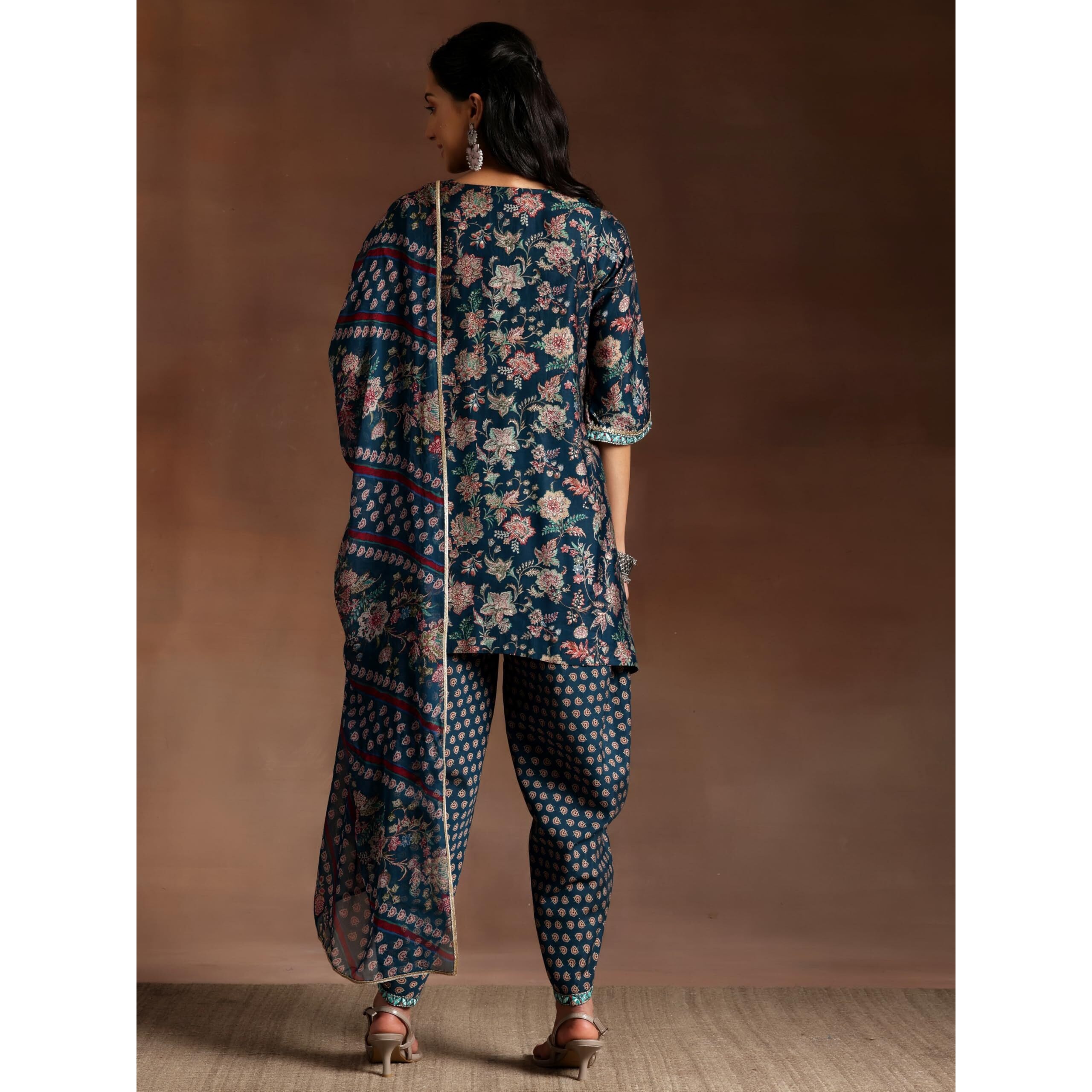 Libas Womens Printed Silk Blend Straight Kurta With Dhoti Pant And Dupatta