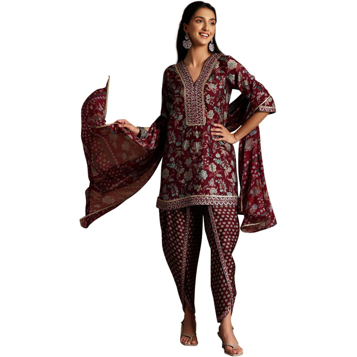 Libas Womens Printed Silk Blend Straight Kurta With Dhoti Pant And Dupatta