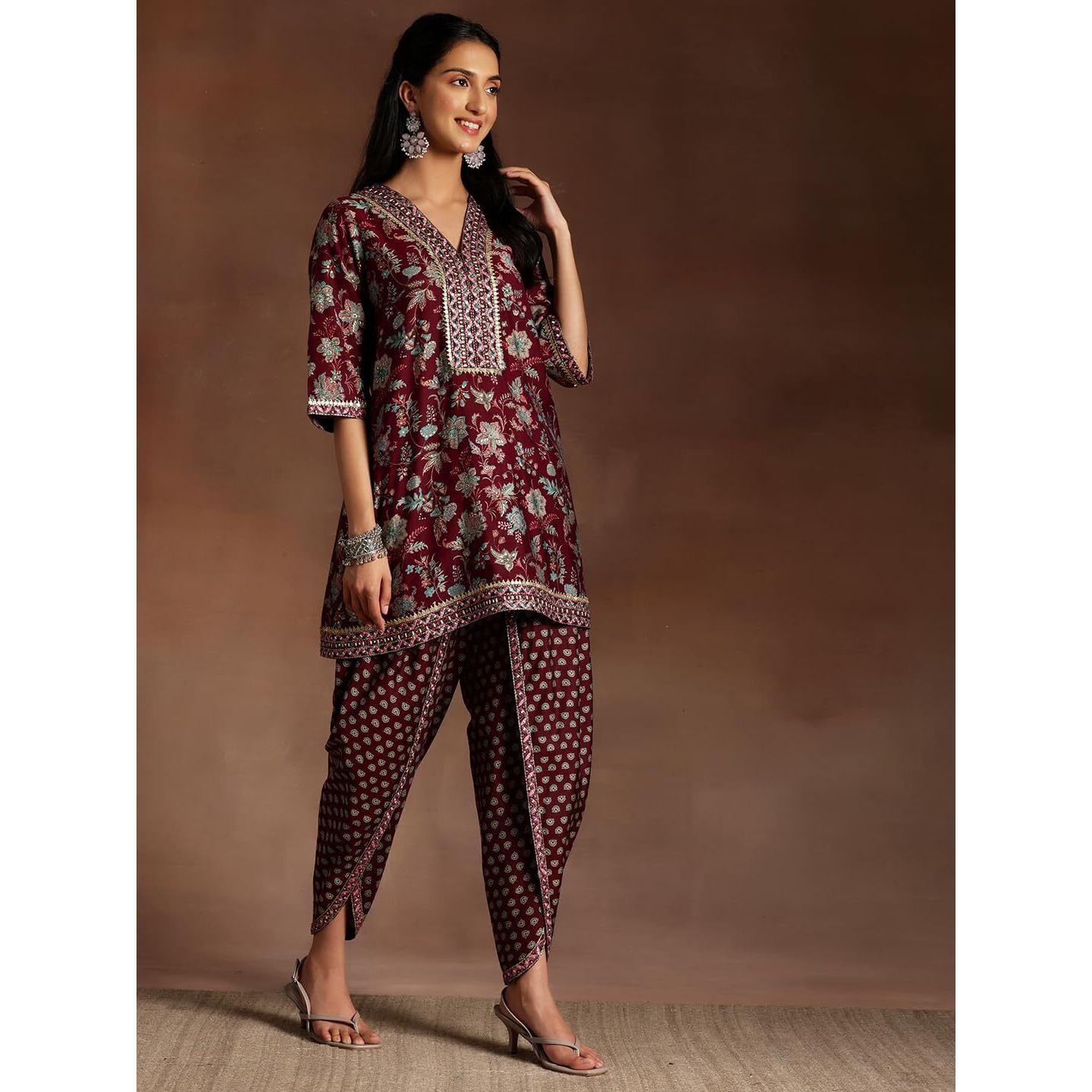 Libas Womens Printed Silk Blend Straight Kurta With Dhoti Pant And Dupatta