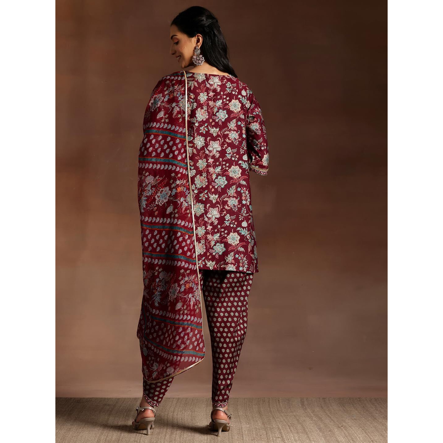 Libas Womens Printed Silk Blend Straight Kurta With Dhoti Pant And Dupatta