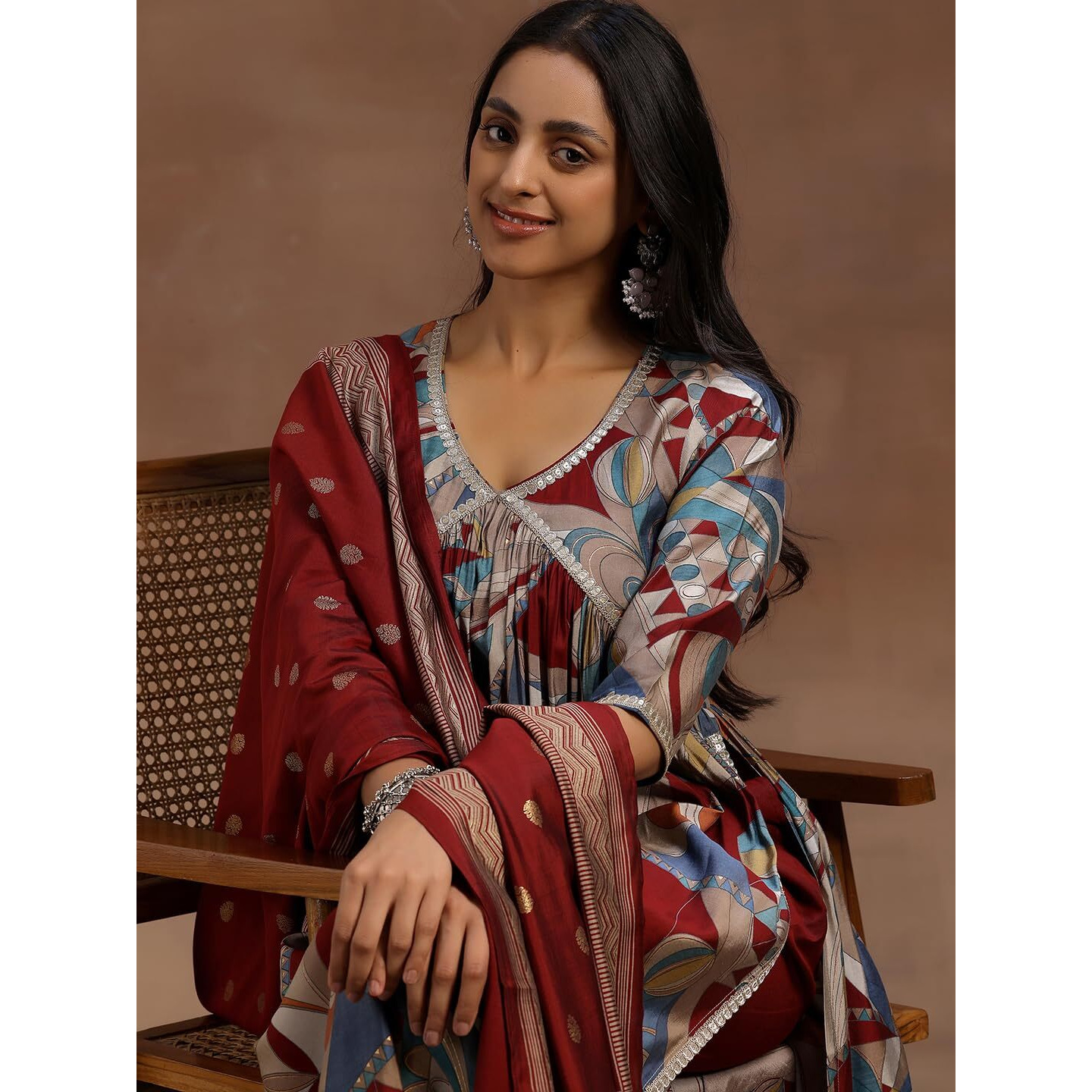 Libas Womens Printed Silk Blend A-Line Kurta With Trousers And Dupatta