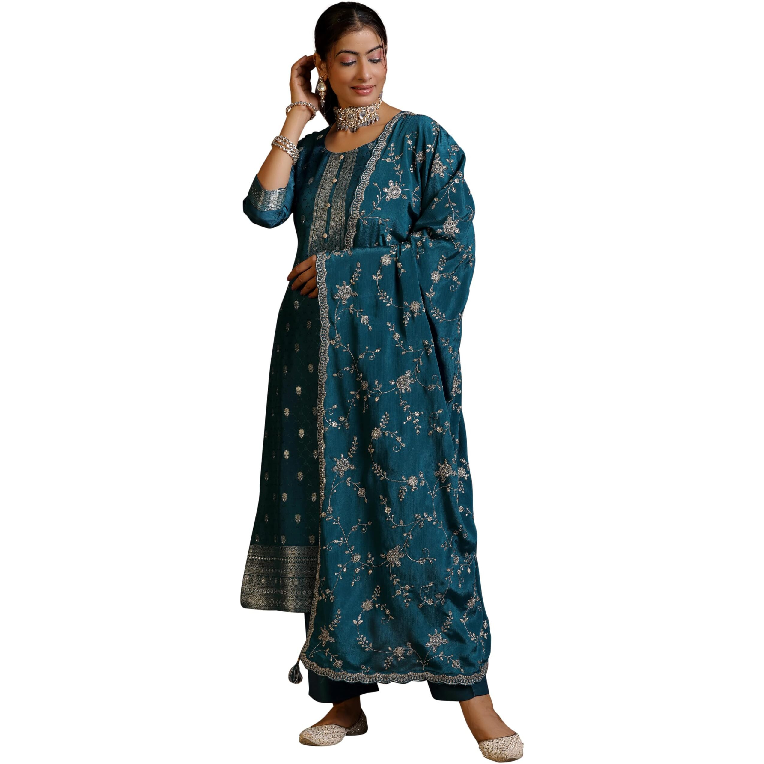 Libas Womens Woven Design Silk Blend Straight Kurta With Trousers And Dupatta