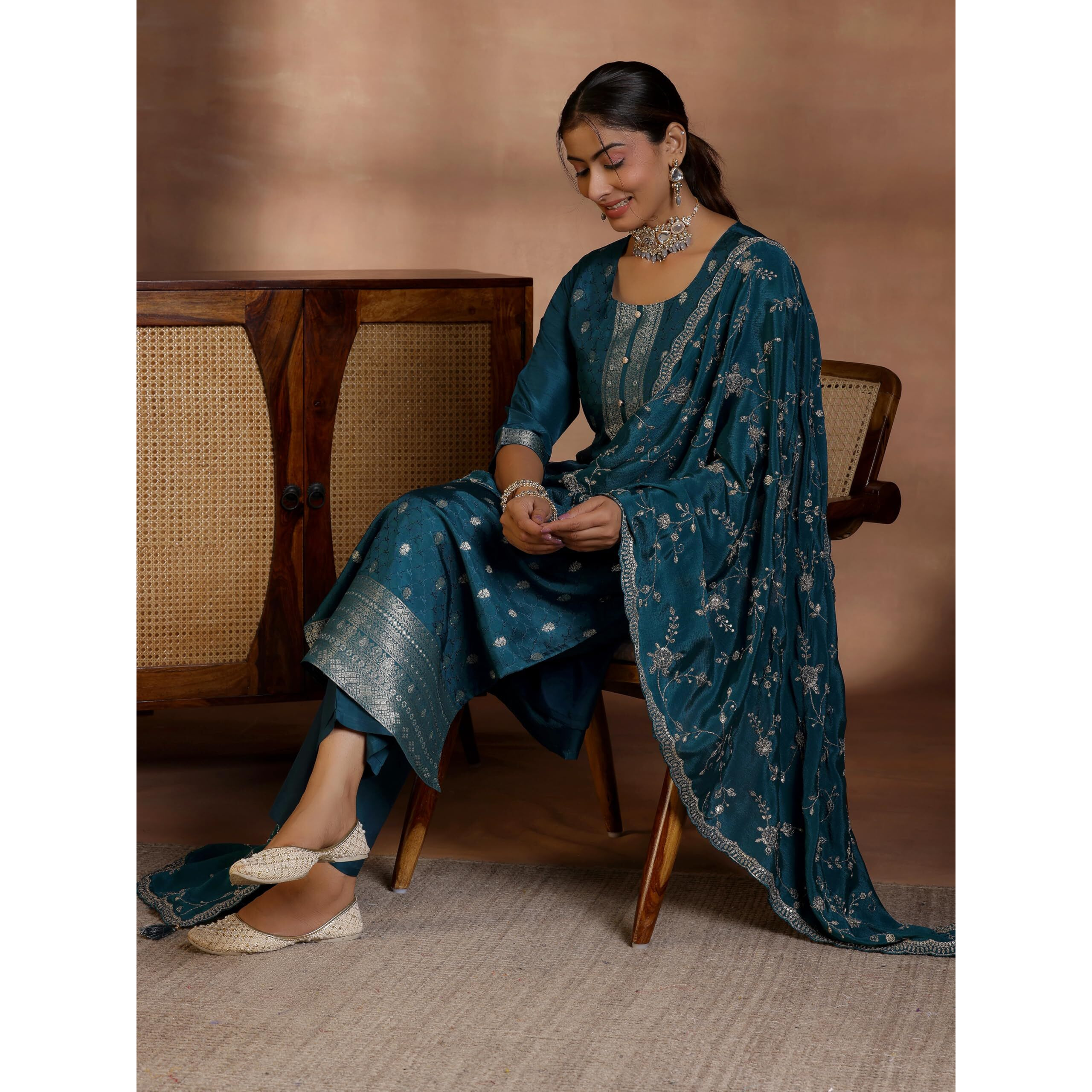 Libas Womens Woven Design Silk Blend Straight Kurta With Trousers And Dupatta