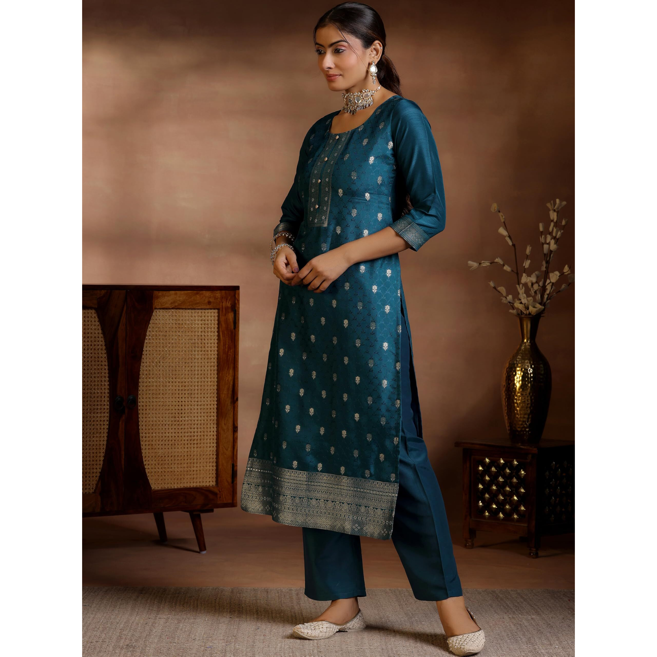 Libas Womens Woven Design Silk Blend Straight Kurta With Trousers And Dupatta