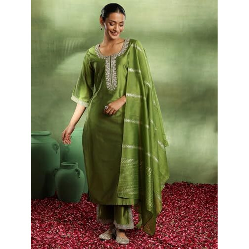 Libas Gerua Womens Yoke Design Silk Blend Straight Kurta With Trousers And Dupatta
