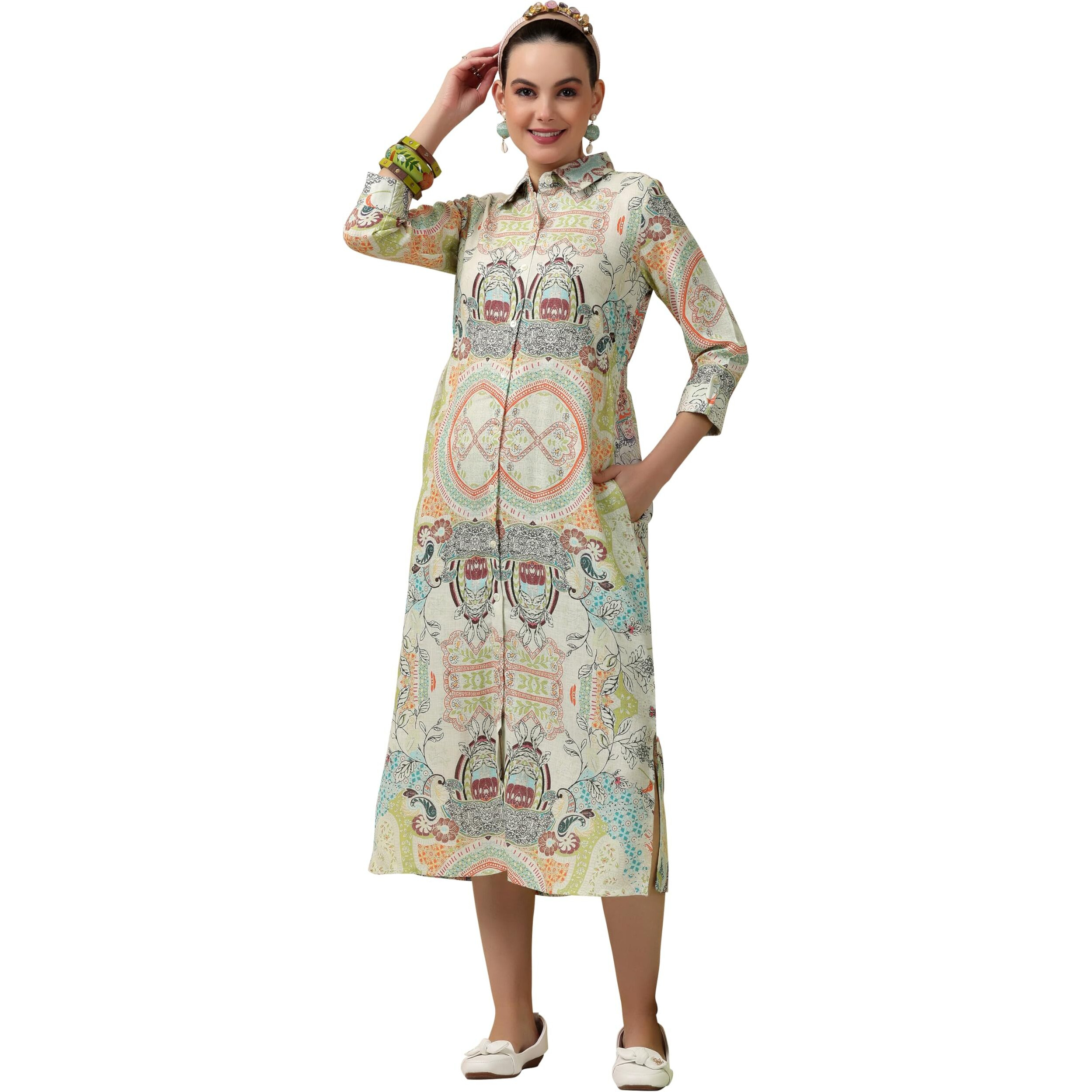 Libas Women's Linen A-Line Midi Casual Dress (37188_Off White