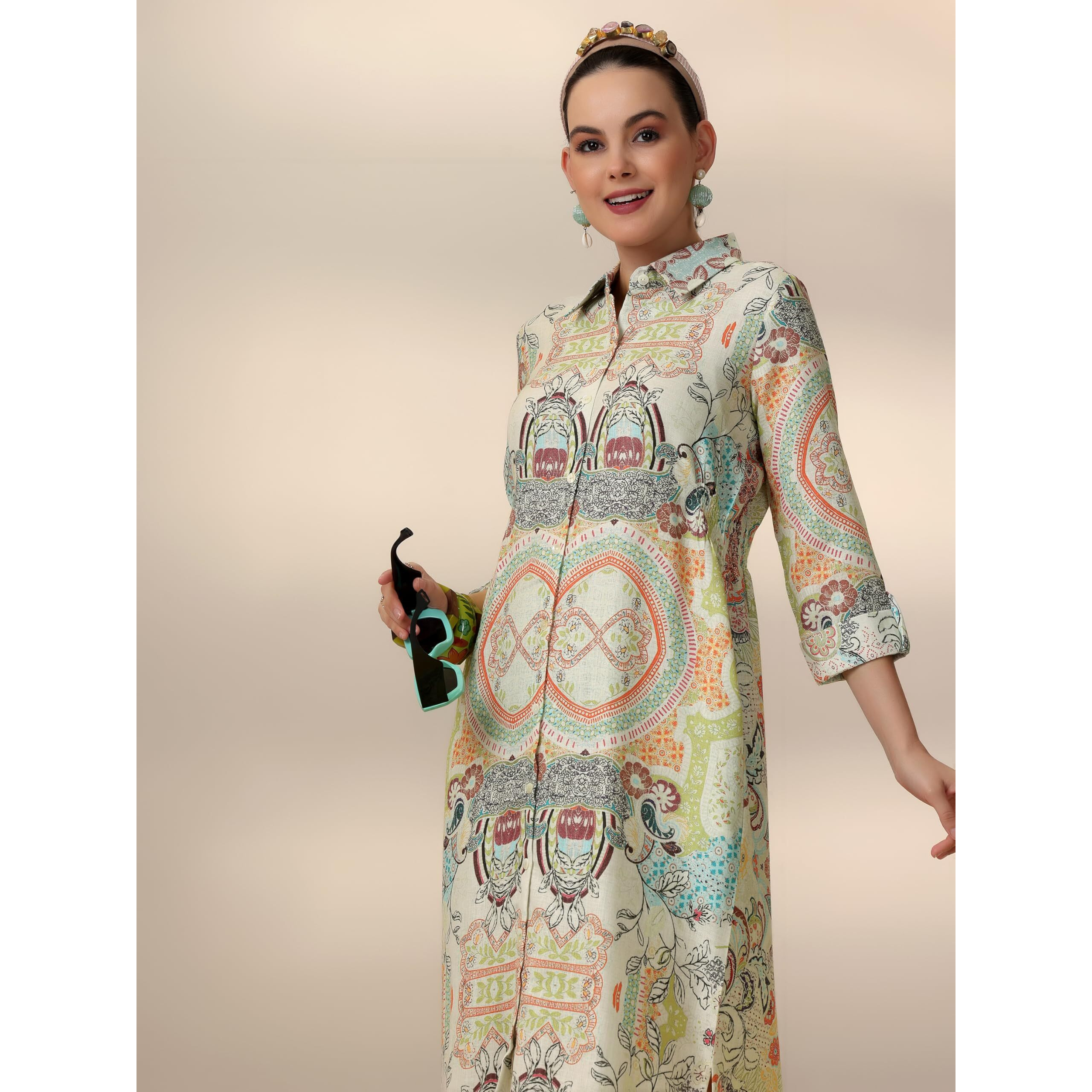 Libas Women's Linen A-Line Midi Casual Dress (37188_Off White