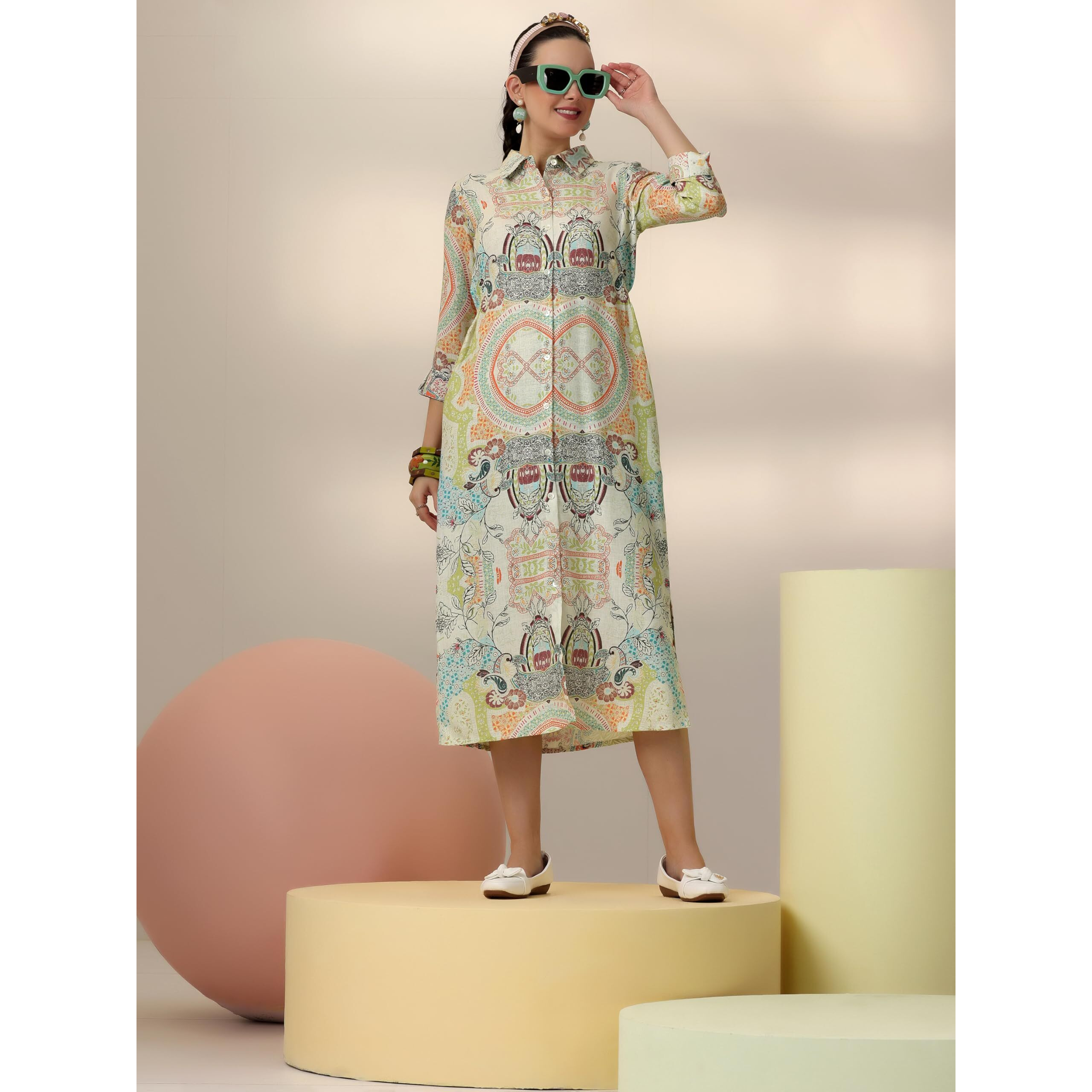 Libas Women's Linen A-Line Midi Casual Dress (37188_Off White