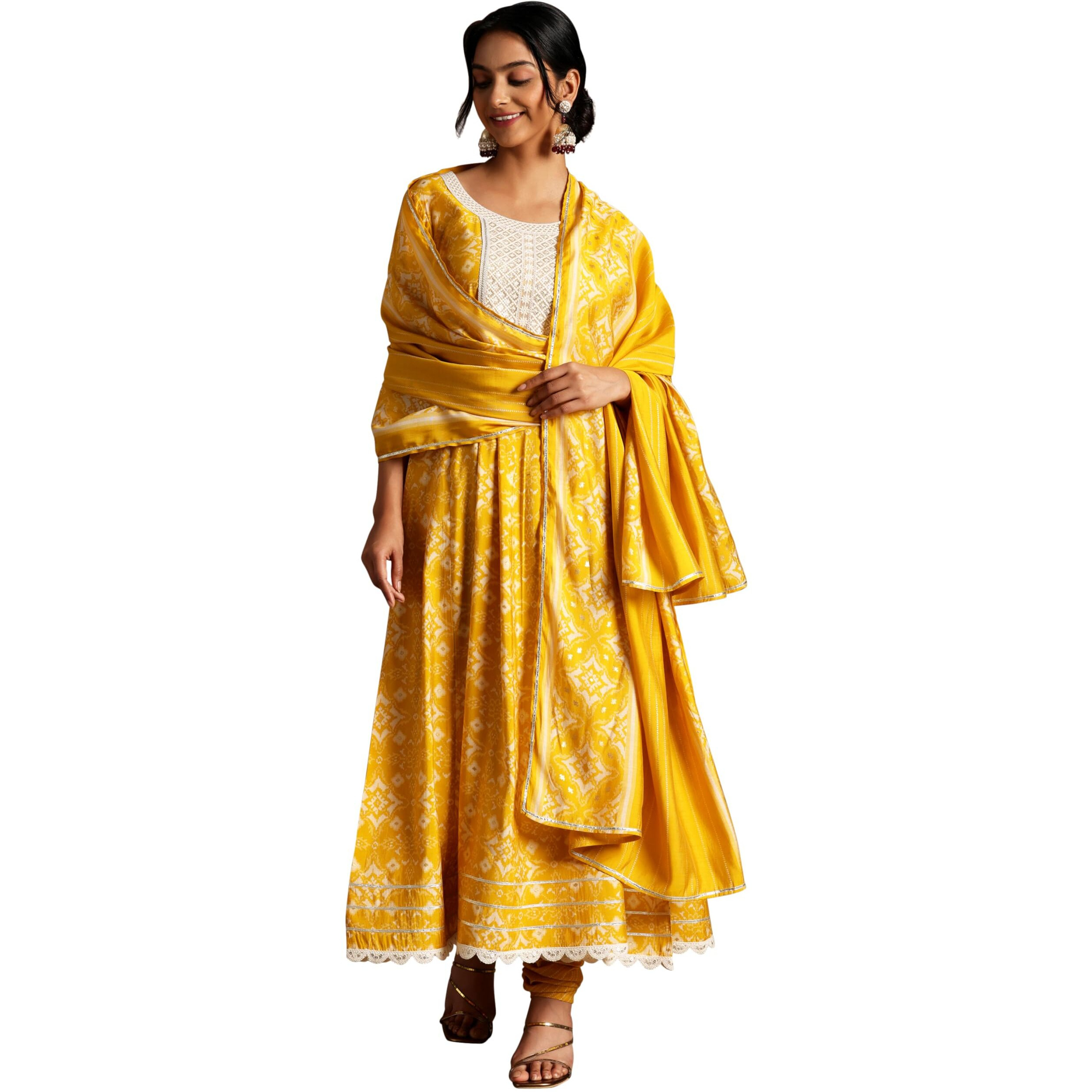 Libas Mustard Printed Silk Blend Anarkali Kurta With Churidar & Dupatta