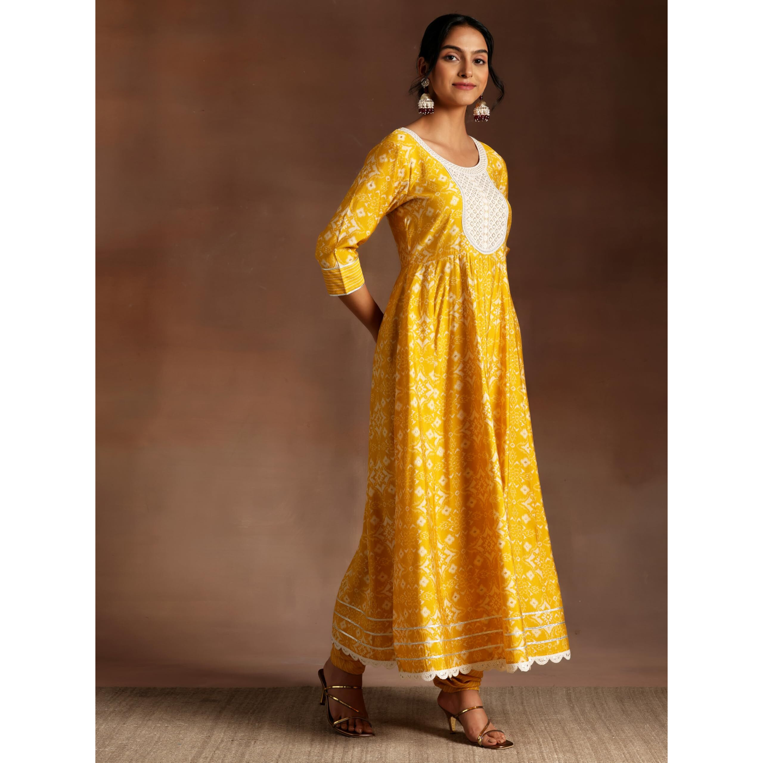 Libas Mustard Printed Silk Blend Anarkali Kurta With Churidar & Dupatta